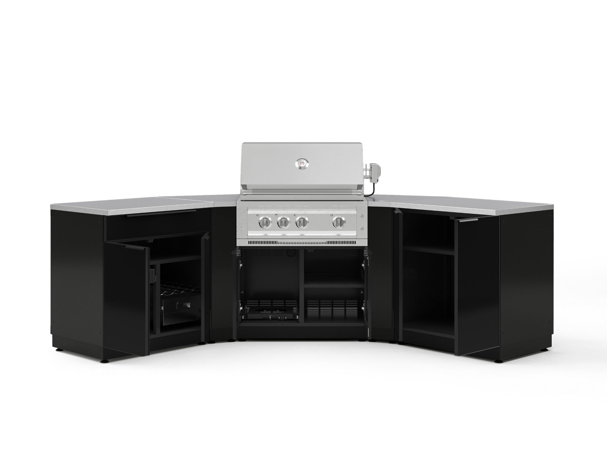 Outdoor Kitchen Aluminum 7 Piece Cabinet Set with 2 Door, Bar, Corner, Grill Cabinet, Platinum Grill, and Countertops