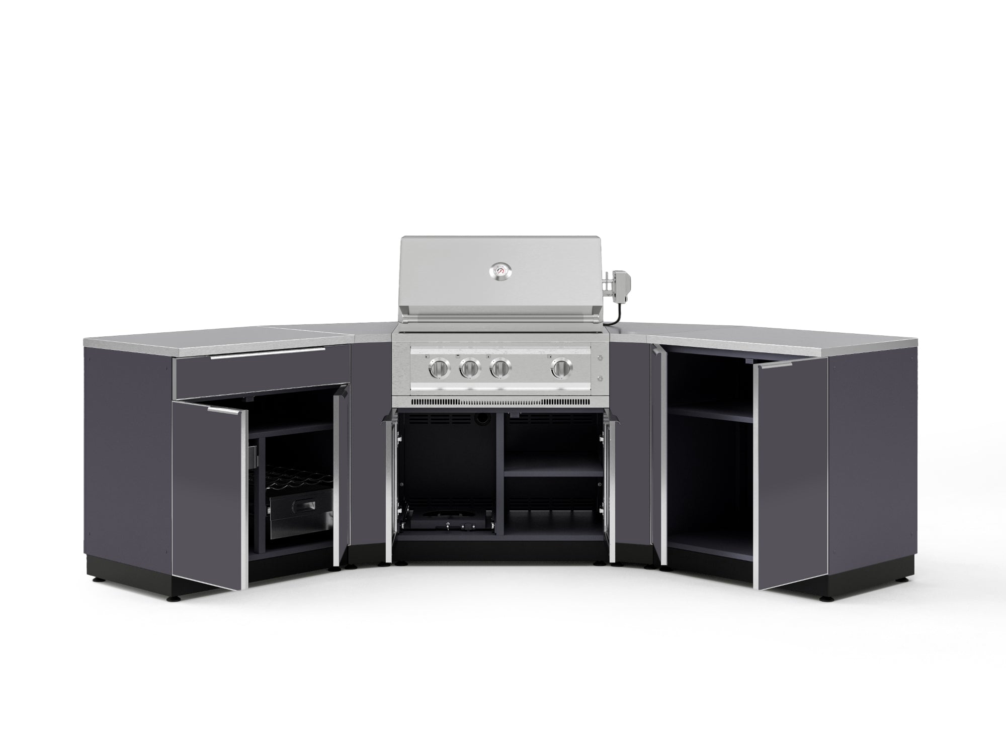 Outdoor Kitchen Aluminum 7 Piece Cabinet Set with 2 Door, Bar, Corner, Grill Cabinet, Platinum Grill, and Countertops
