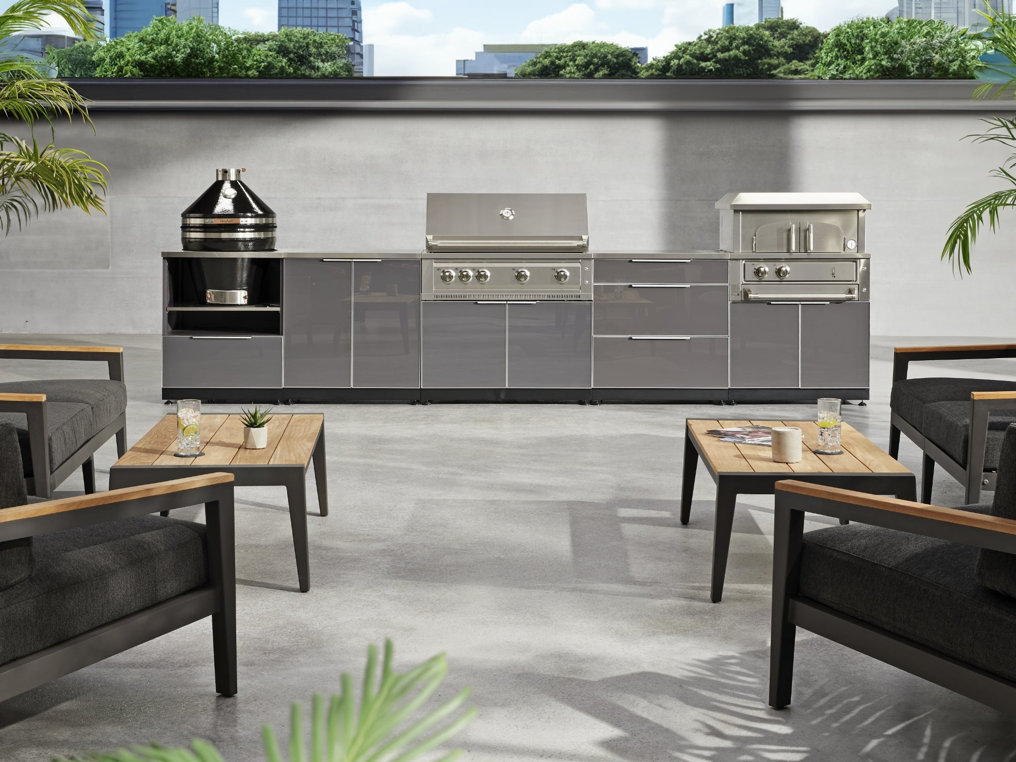 Outdoor Kitchen Aluminum 7 Piece Cabinet Set with 2 Door, Bar, Corner, Grill Cabinet, Platinum Grill, and Countertops