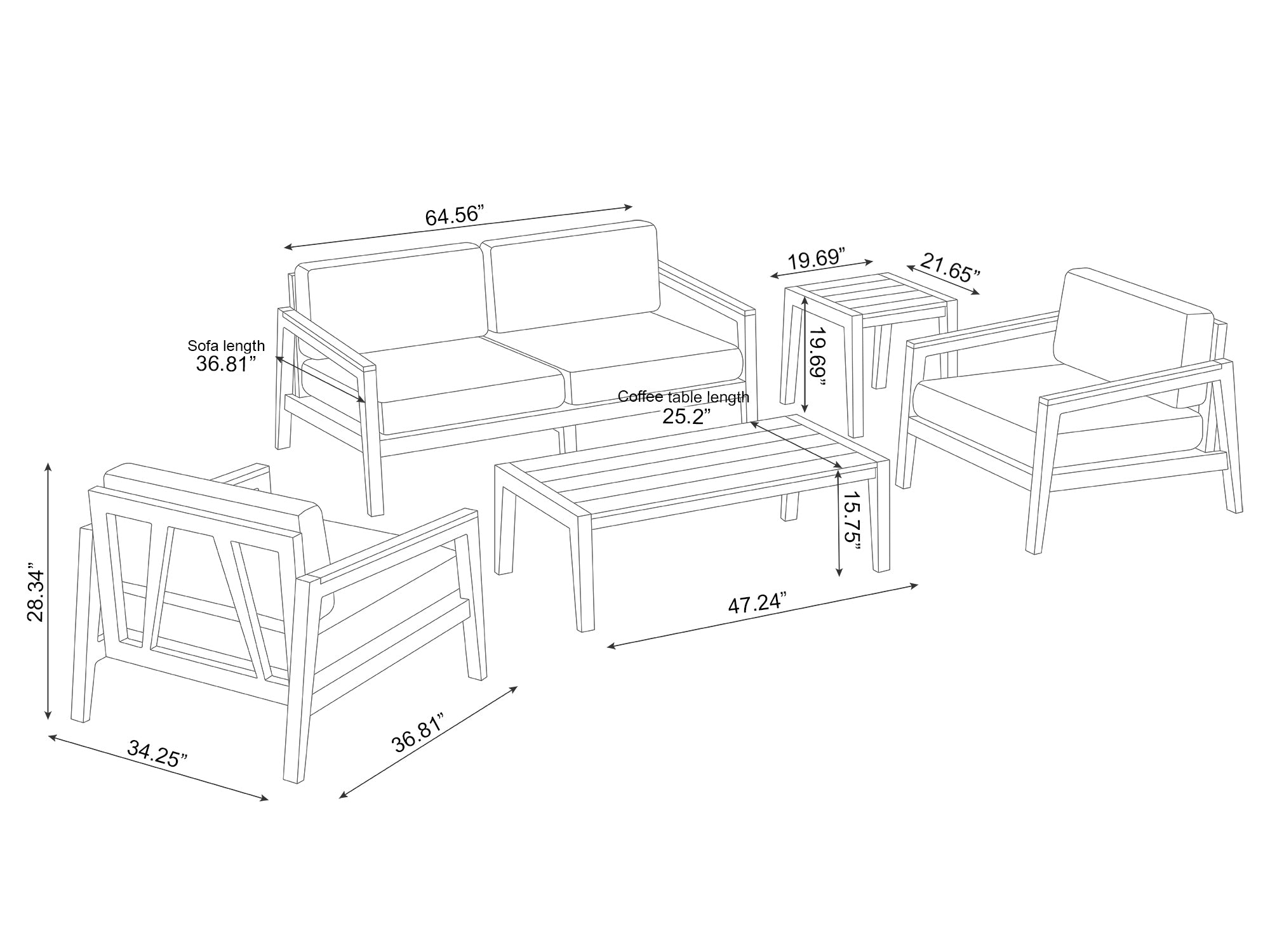 Rhodes 4 Seater Chat Set with Coffee Table and Side Table