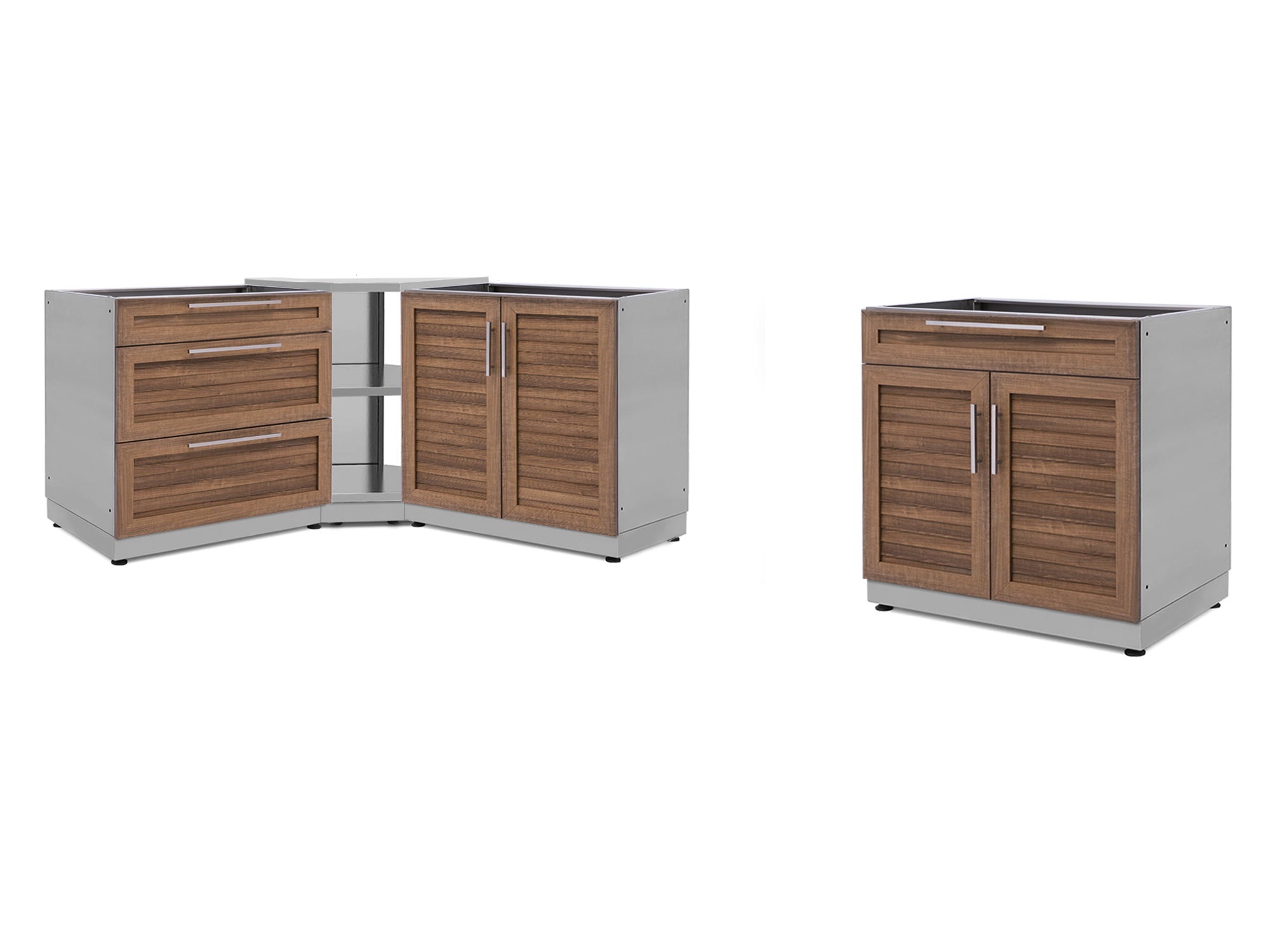 Outdoor Kitchen Stainless Steel Louvered Doors 4 Piece Cabinet Set with Corner Shelf, 2-Door, 3-Drawer and Bar Cabinet