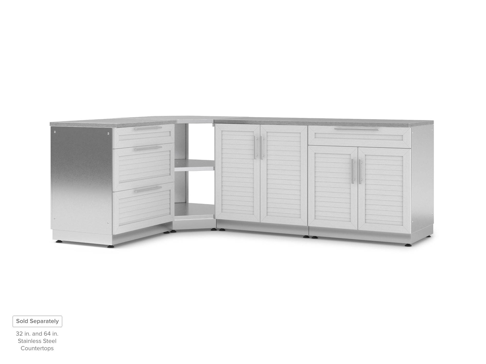 Outdoor Kitchen Stainless Steel Louvered Doors 4 Piece Cabinet Set with Corner Shelf, 2-Door, 3-Drawer and Bar Cabinet