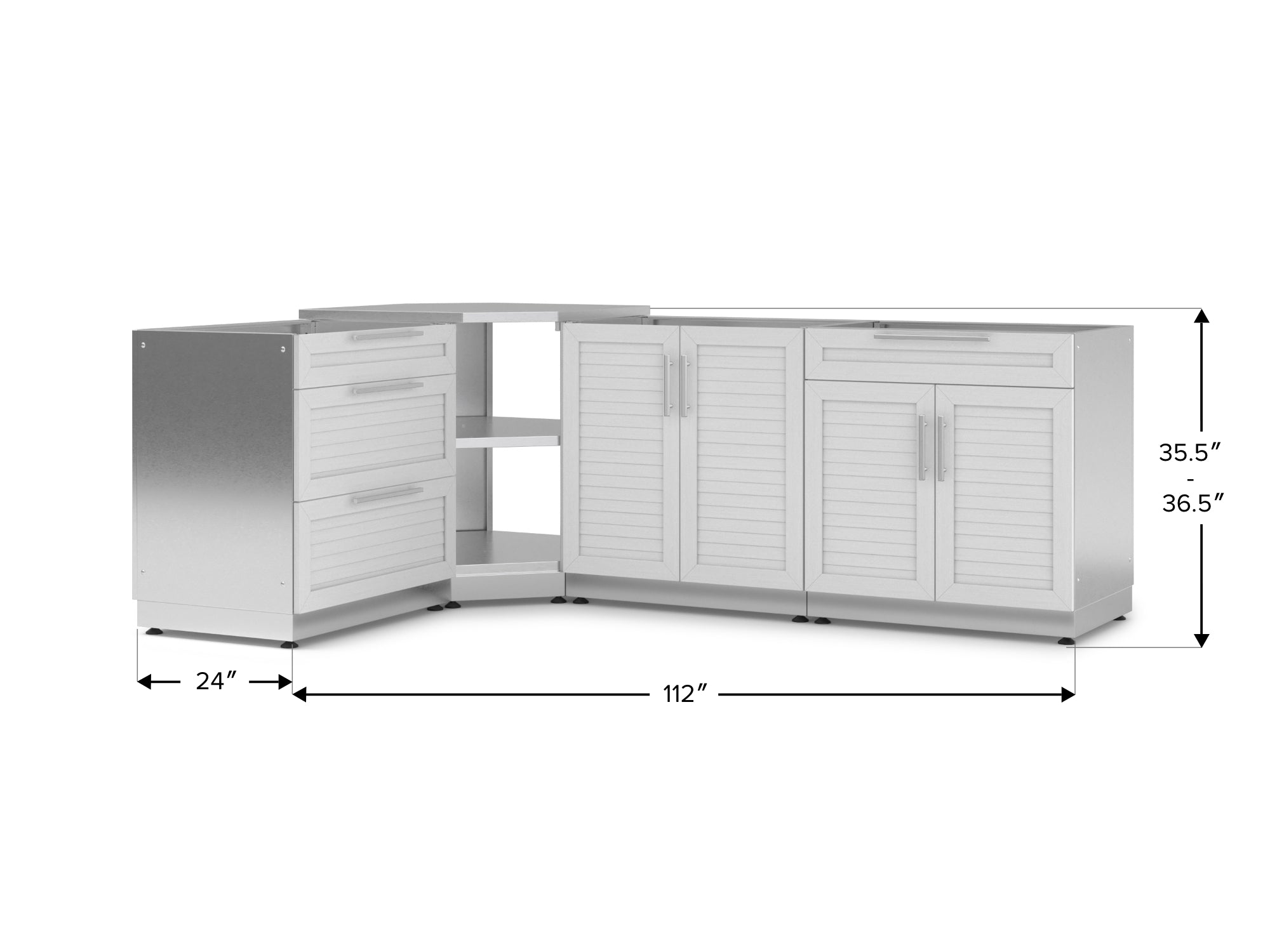 Outdoor Kitchen Stainless Steel Louvered Doors 4 Piece Cabinet Set with Corner Shelf, 2-Door, 3-Drawer and Bar Cabinet