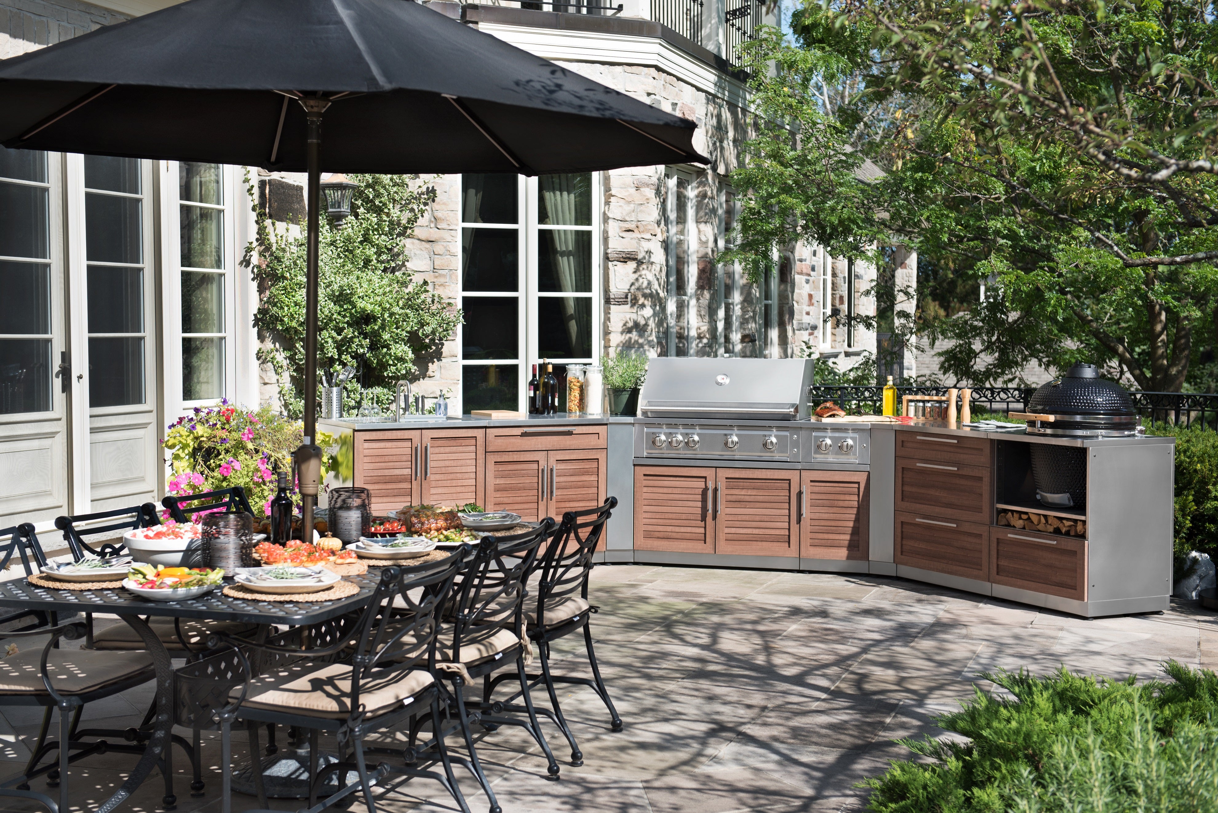 Outdoor Kitchen Stainless Steel Louvered Doors 4 Piece Cabinet Set with Corner Shelf, 2-Door, 3-Drawer and Bar Cabinet