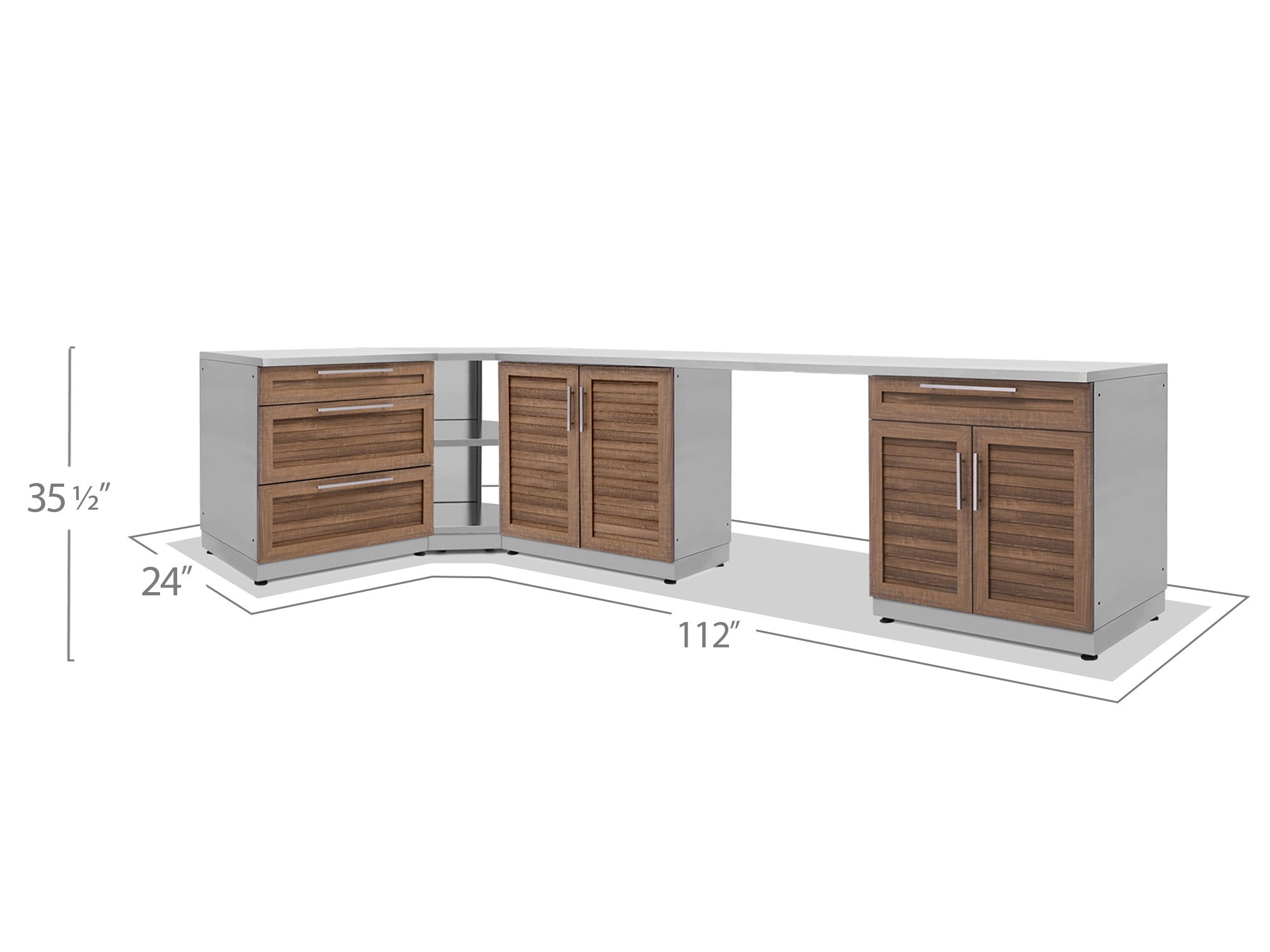 Outdoor Kitchen Stainless Steel Louvered Doors 4 Piece Cabinet Set with Corner Shelf, 2-Door, 3-Drawer and Bar Cabinet