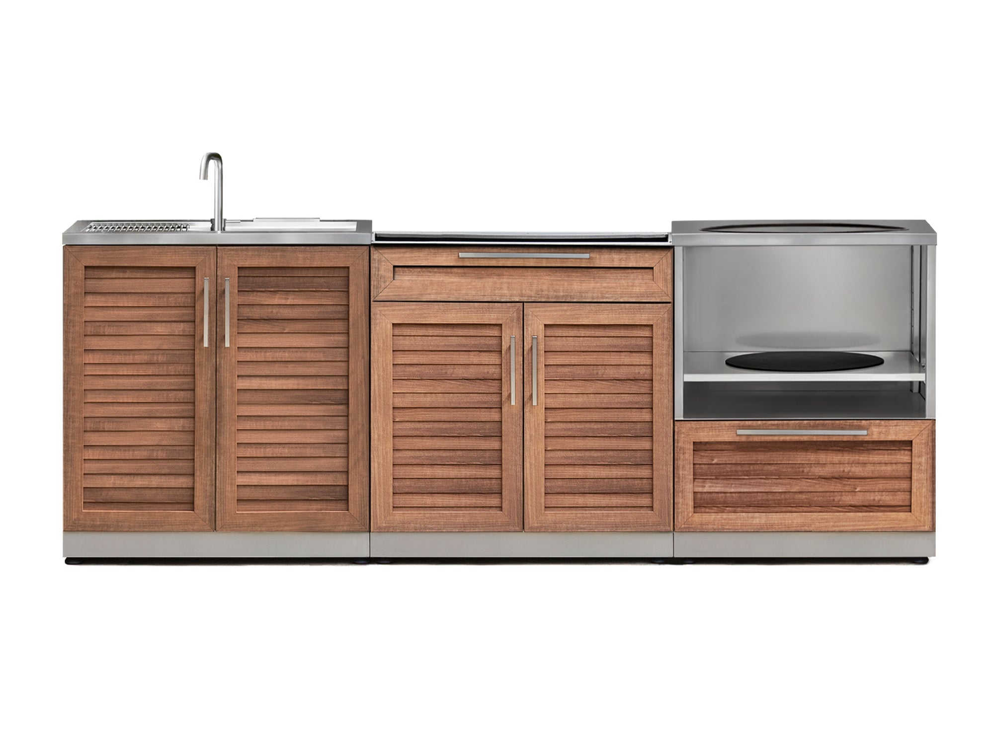 Outdoor Kitchen Stainless Steel Louvered Doors 3 Piece Cabinet Set with Bar, Sink and Kamado Cabinet