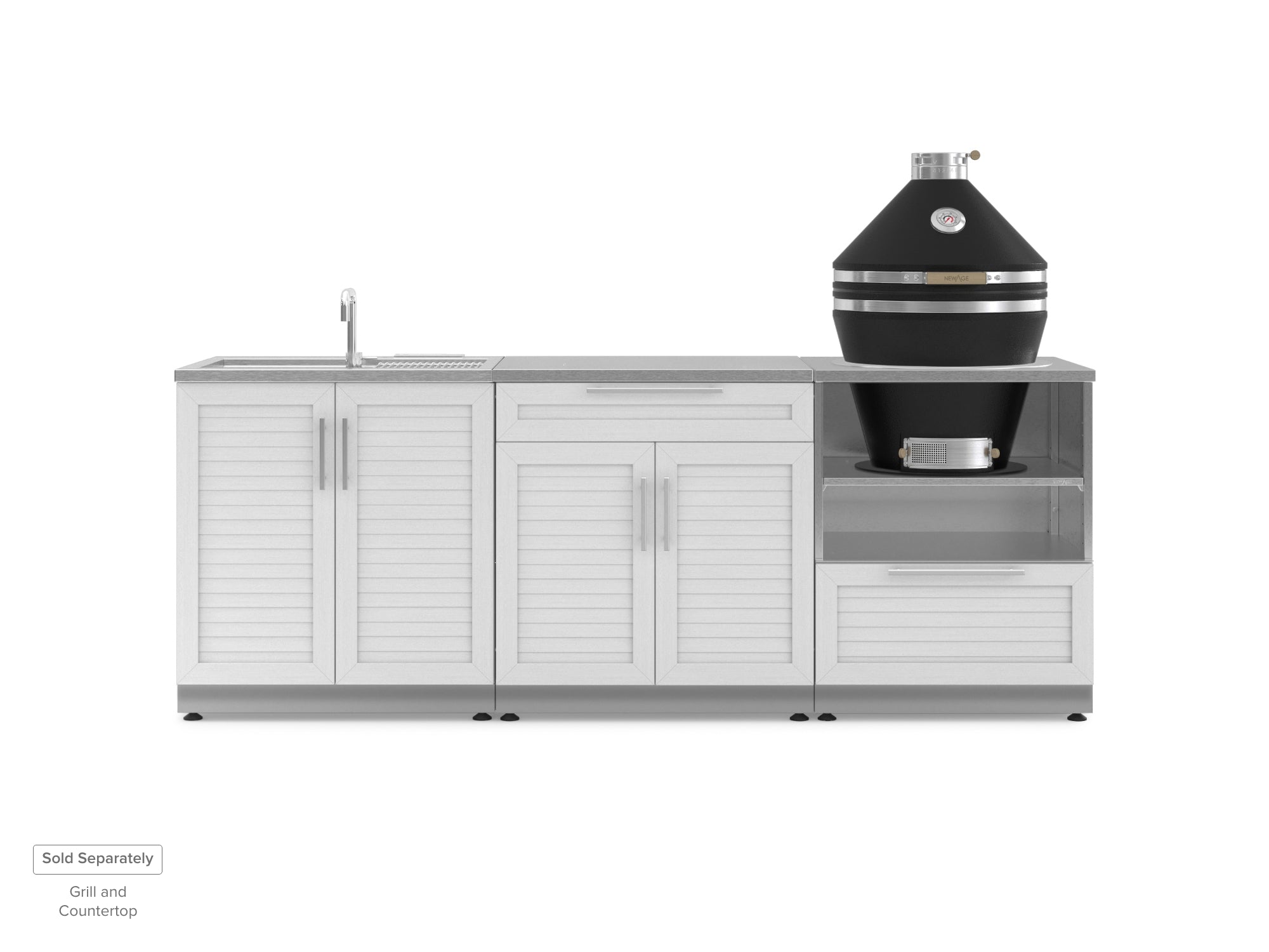 Outdoor Kitchen Stainless Steel Louvered Doors 3 Piece Cabinet Set with Bar, Sink and Kamado Cabinet