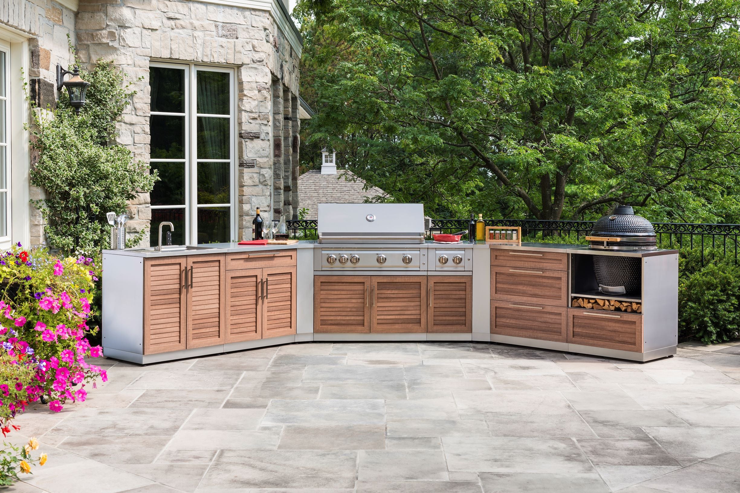 Outdoor Kitchen Stainless Steel Louvered Doors 2 Piece Cabinet Set with 2-Door Drawer and 2-Door Cabinet