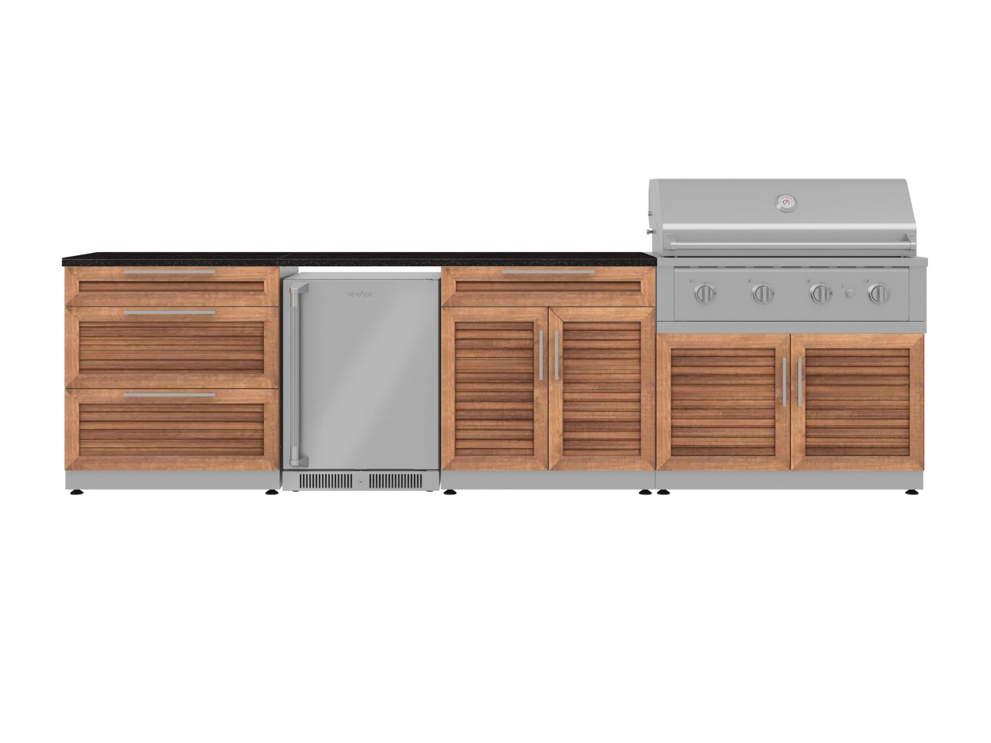 Outdoor Kitchen Stainless Steel Louvered Doors 7 Piece Cabinet Set with 3-Drawer, Bar, Grill Cabinet, Performance Grill, Countertop, and Stainless Steel Door Fridge