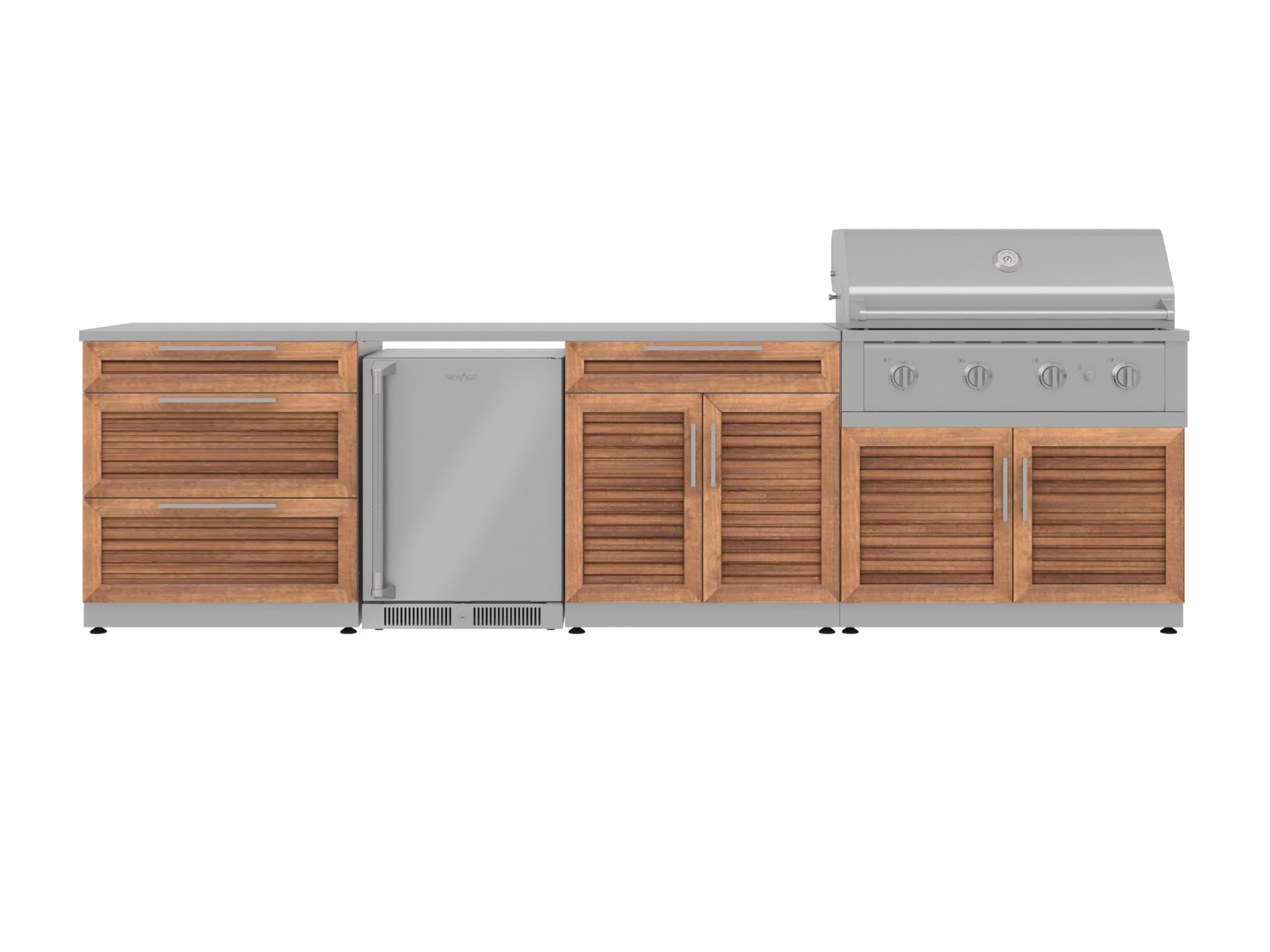 Outdoor Kitchen Stainless Steel Louvered Doors 7 Piece Cabinet Set with 3-Drawer, Bar, Grill Cabinet, Performance Grill, Countertop, and Stainless Steel Door Fridge