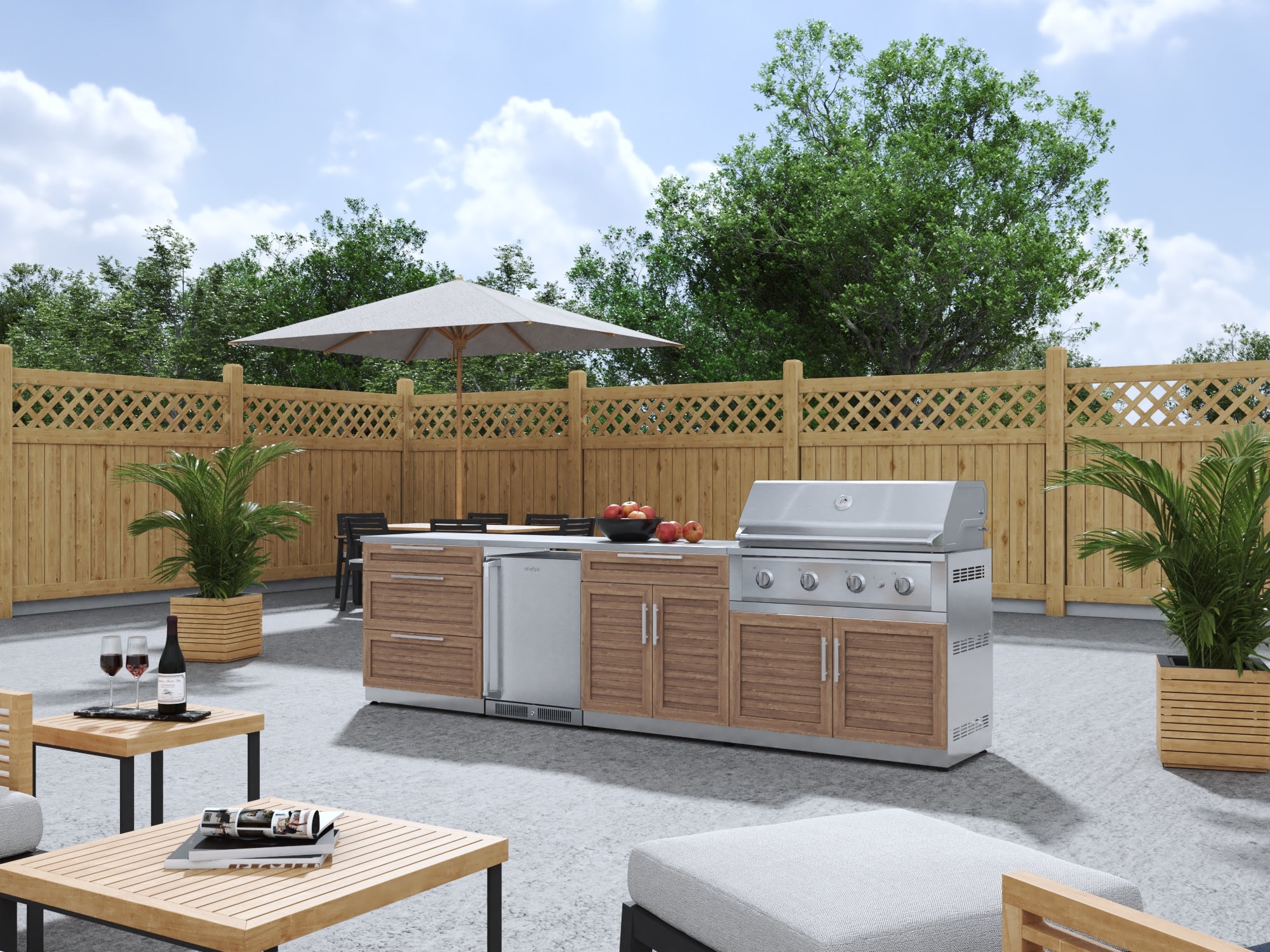 Outdoor Kitchen Stainless Steel Louvered Doors 7 Piece Cabinet Set with 3-Drawer, Bar, Grill Cabinet, Performance Grill, Countertop, and Stainless Steel Door Fridge