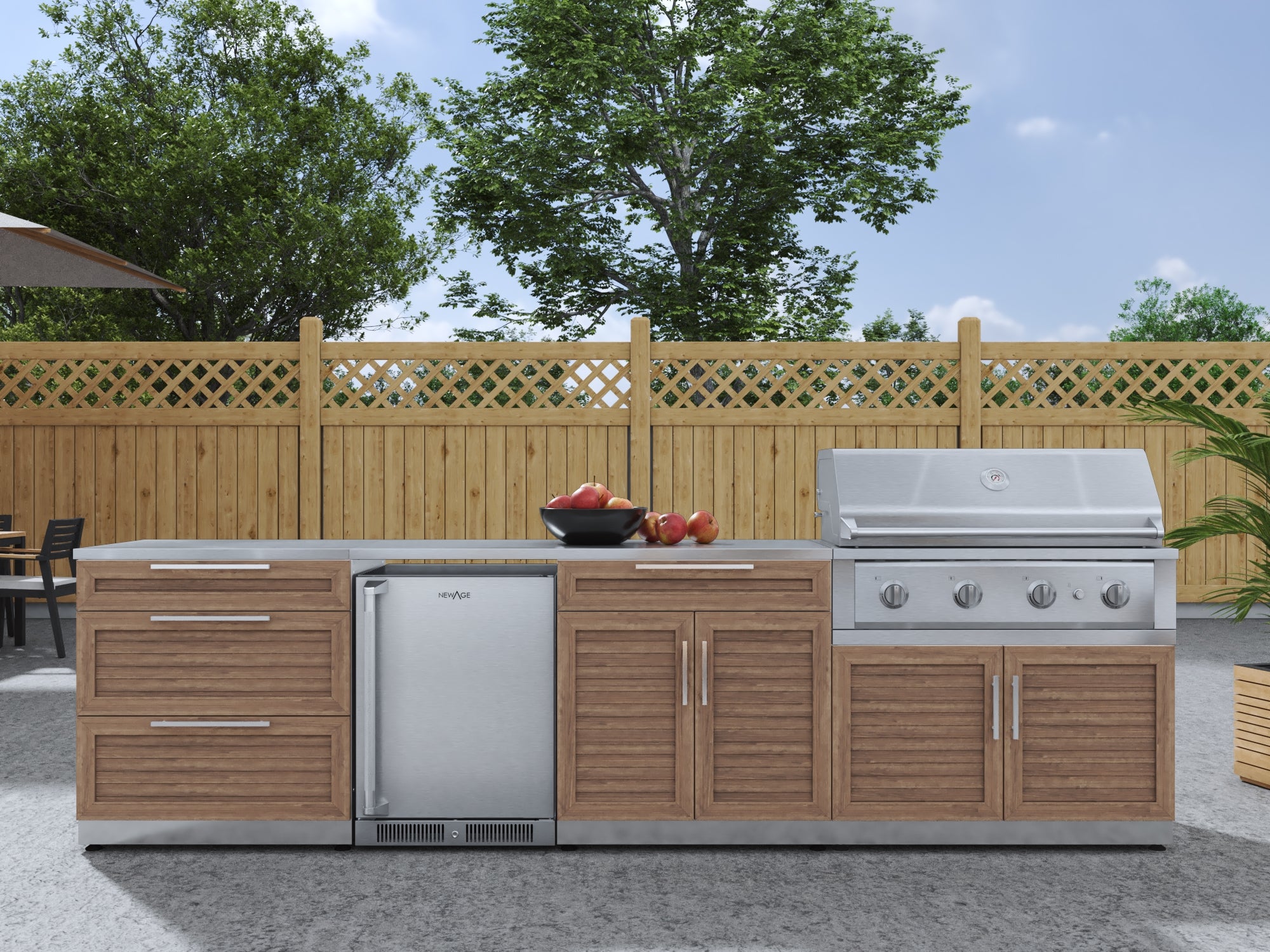 Outdoor Kitchen Stainless Steel Louvered Doors 7 Piece Cabinet Set with 3-Drawer, Bar, Grill Cabinet, Performance Grill, Countertop, and Stainless Steel Door Fridge