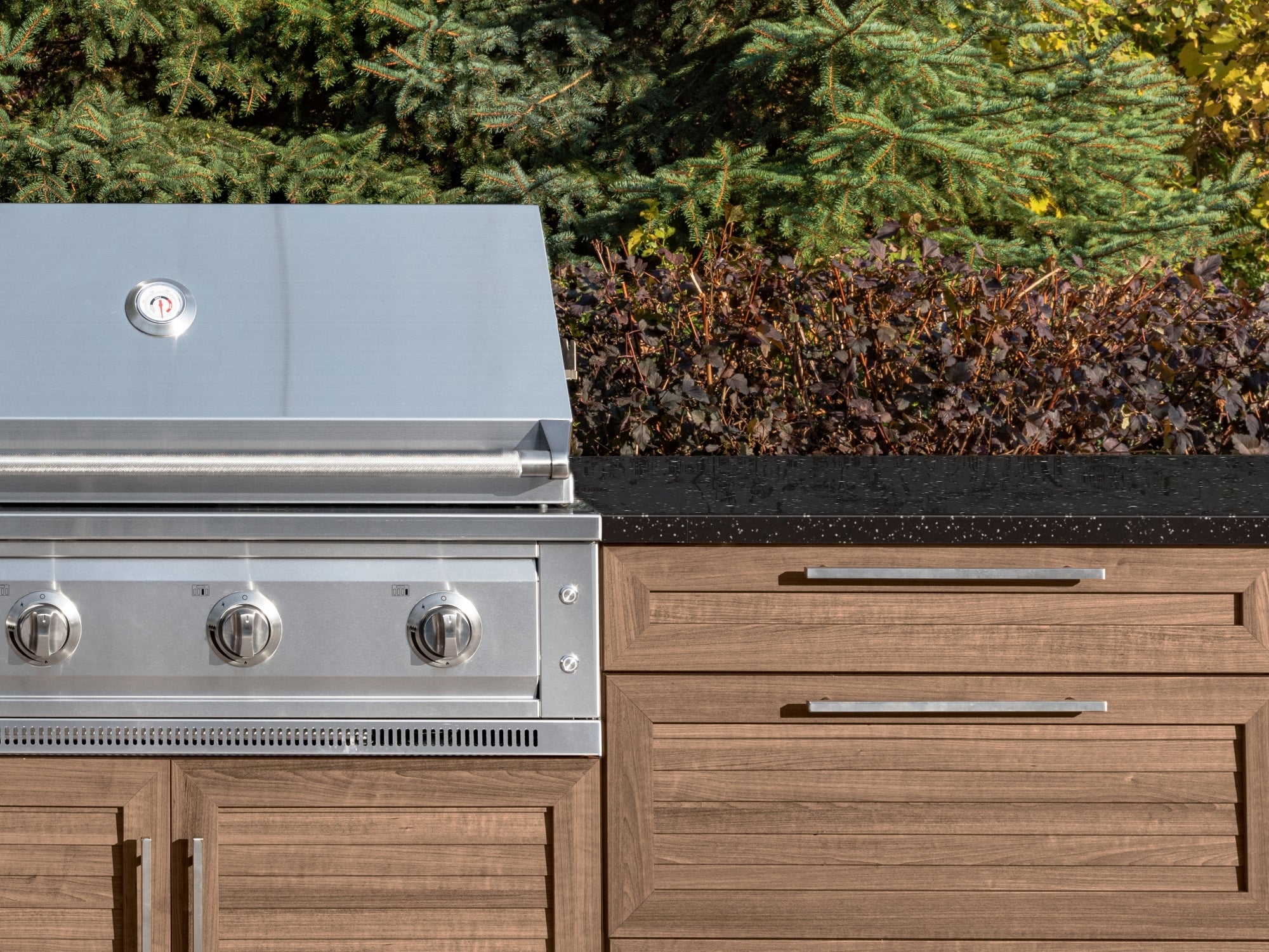 Outdoor Kitchen Stainless Steel Louvered Doors 7 Piece Cabinet Set with 3-Drawer, Bar, Grill Cabinet, Performance Grill, Countertop, and Stainless Steel Door Fridge