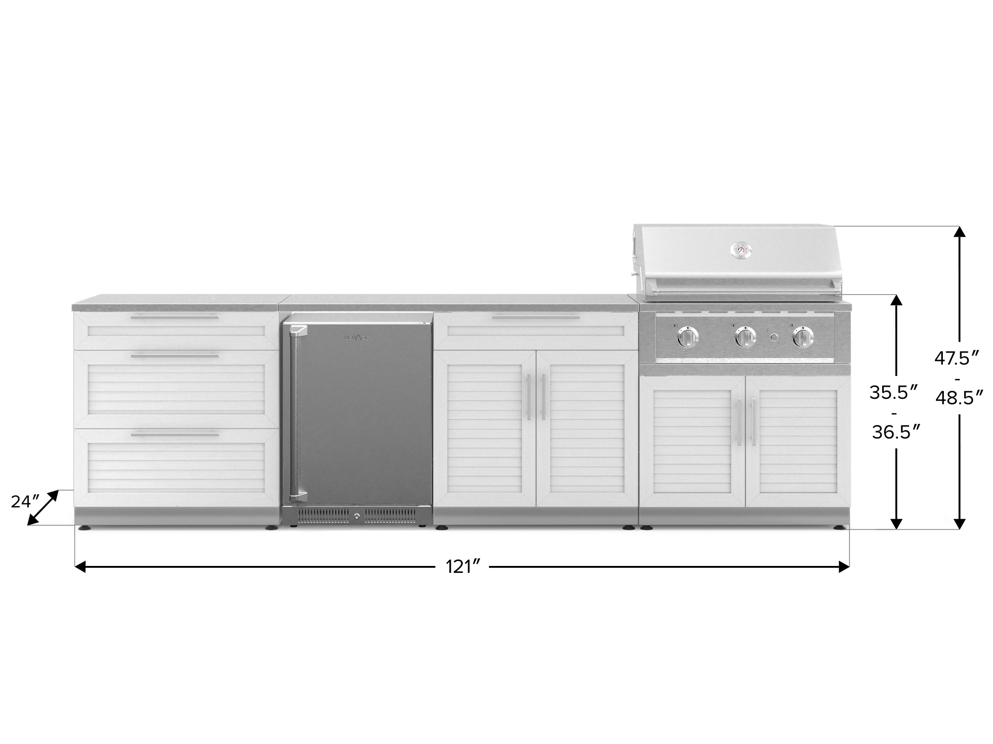 Outdoor Kitchen Stainless Steel Louvered Doors 7 Piece Cabinet Set with 3-Drawer, Bar, Grill Cabinet, Performance Grill, Countertop, and Stainless Steel Door Fridge