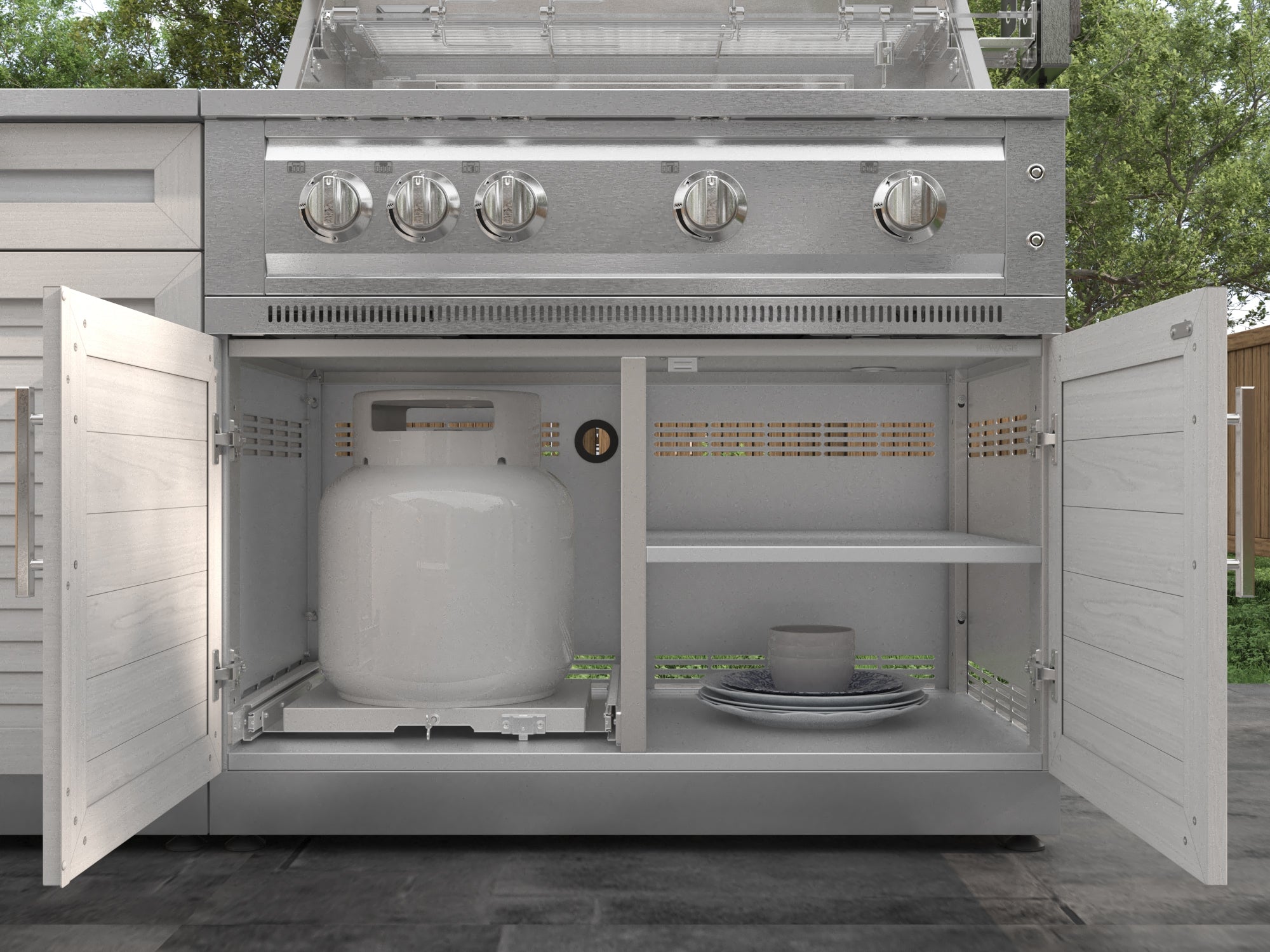 Outdoor Kitchen Stainless Steel Louvered Doors 7 Piece Cabinet Set with 3-Drawer, Bar, Grill Cabinet, Performance Grill, Countertop, and Stainless Steel Door Fridge