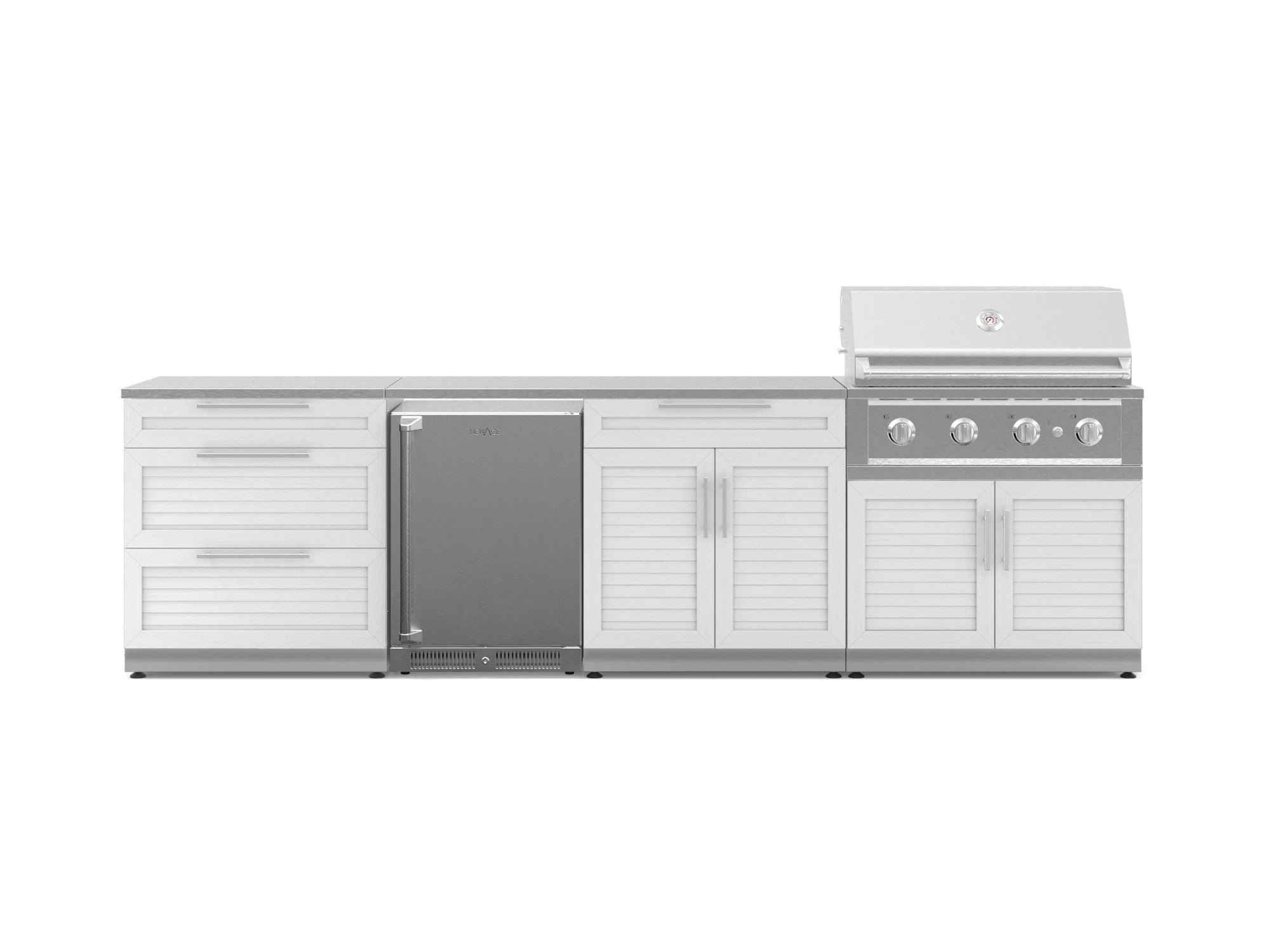 Outdoor Kitchen Stainless Steel Louvered Doors 7 Piece Cabinet Set with 3-Drawer, Bar, Grill Cabinet, Performance Grill, Countertop, and Stainless Steel Door Fridge