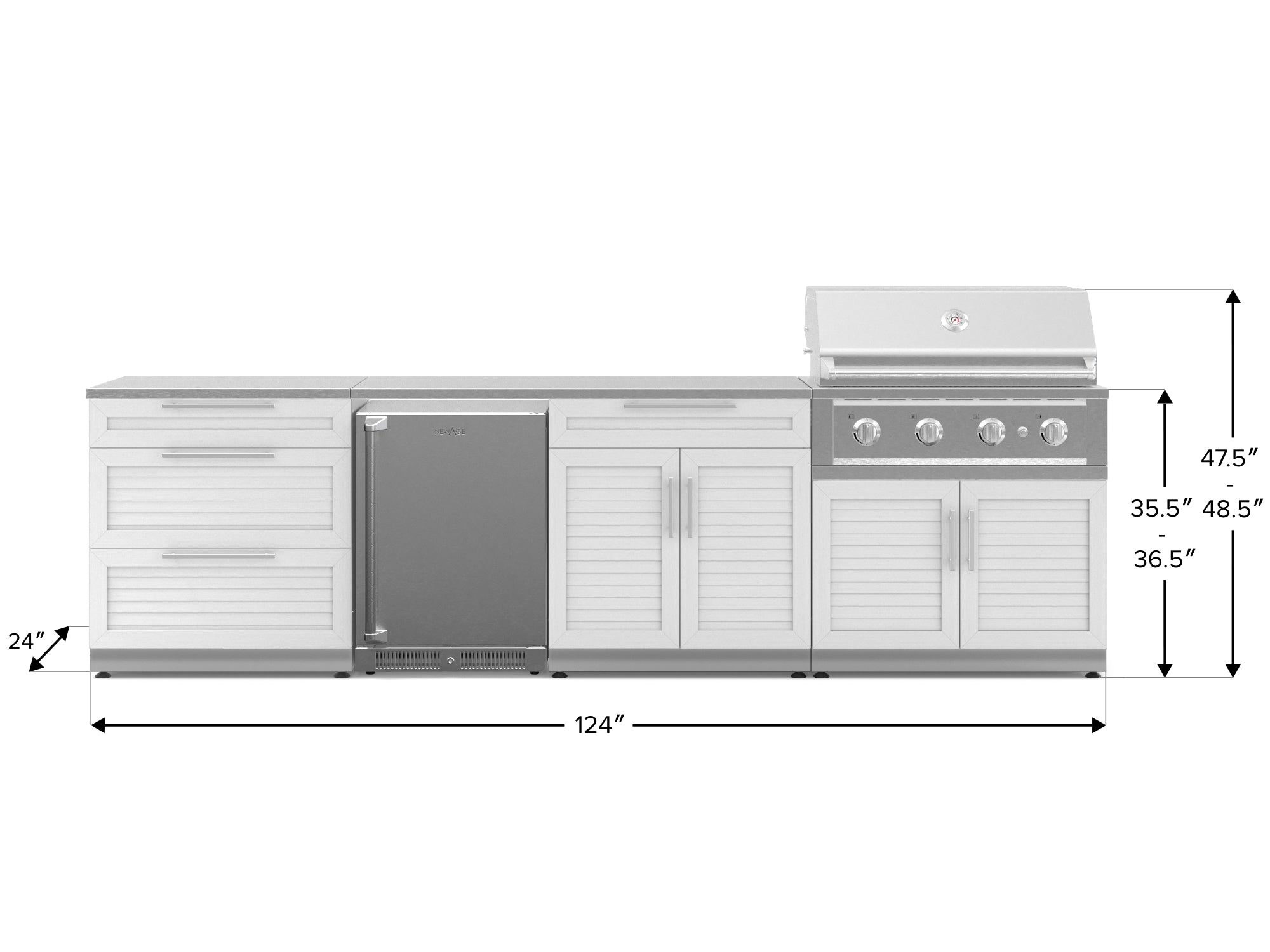 Outdoor Kitchen Stainless Steel Louvered Doors 7 Piece Cabinet Set with 3-Drawer, Bar, Grill Cabinet, Performance Grill, Countertop, and Stainless Steel Door Fridge