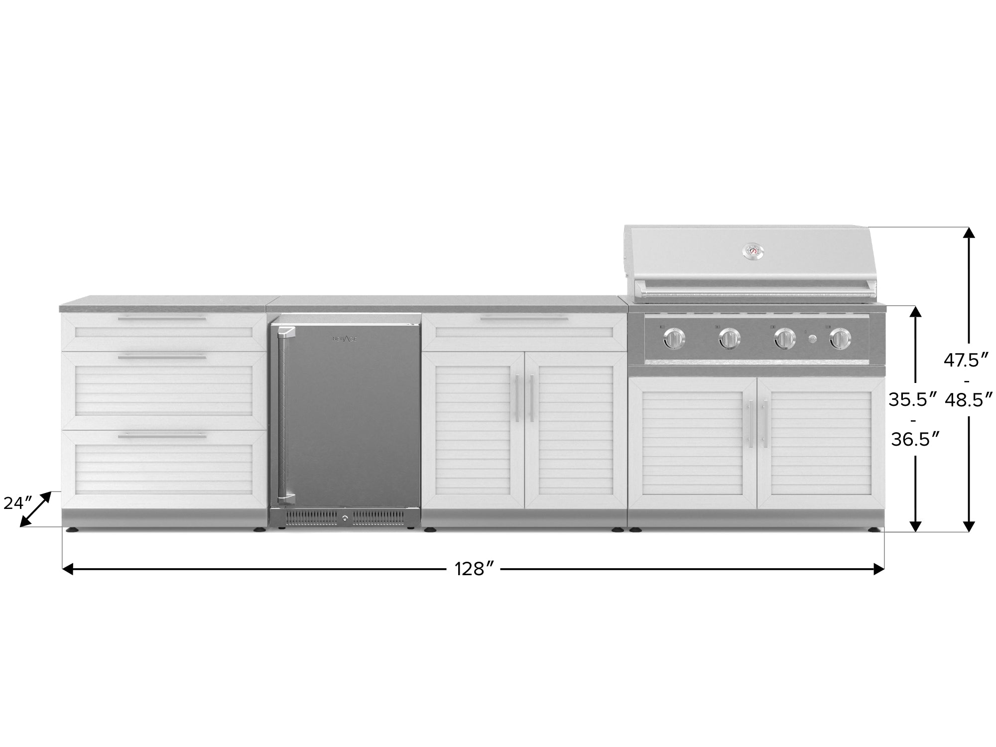 Outdoor Kitchen Stainless Steel Louvered Doors 7 Piece Cabinet Set with 3-Drawer, Bar, Grill Cabinet, Performance Grill, Countertop, and Stainless Steel Door Fridge
