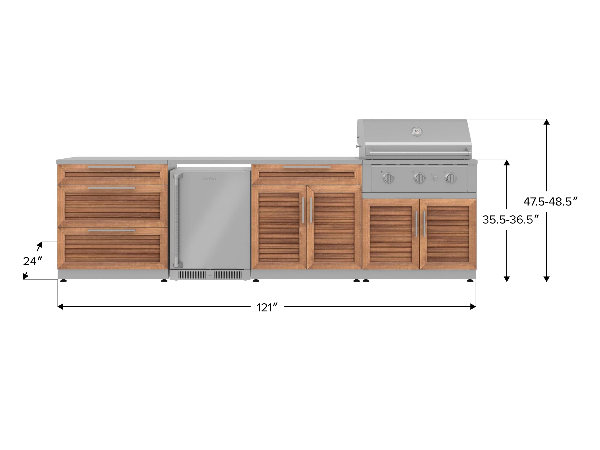 Outdoor Kitchen Stainless Steel Louvered Doors 7 Piece Cabinet Set with 3-Drawer, Bar, Grill Cabinet, Performance Grill, Countertop, and Stainless Steel Door Fridge
