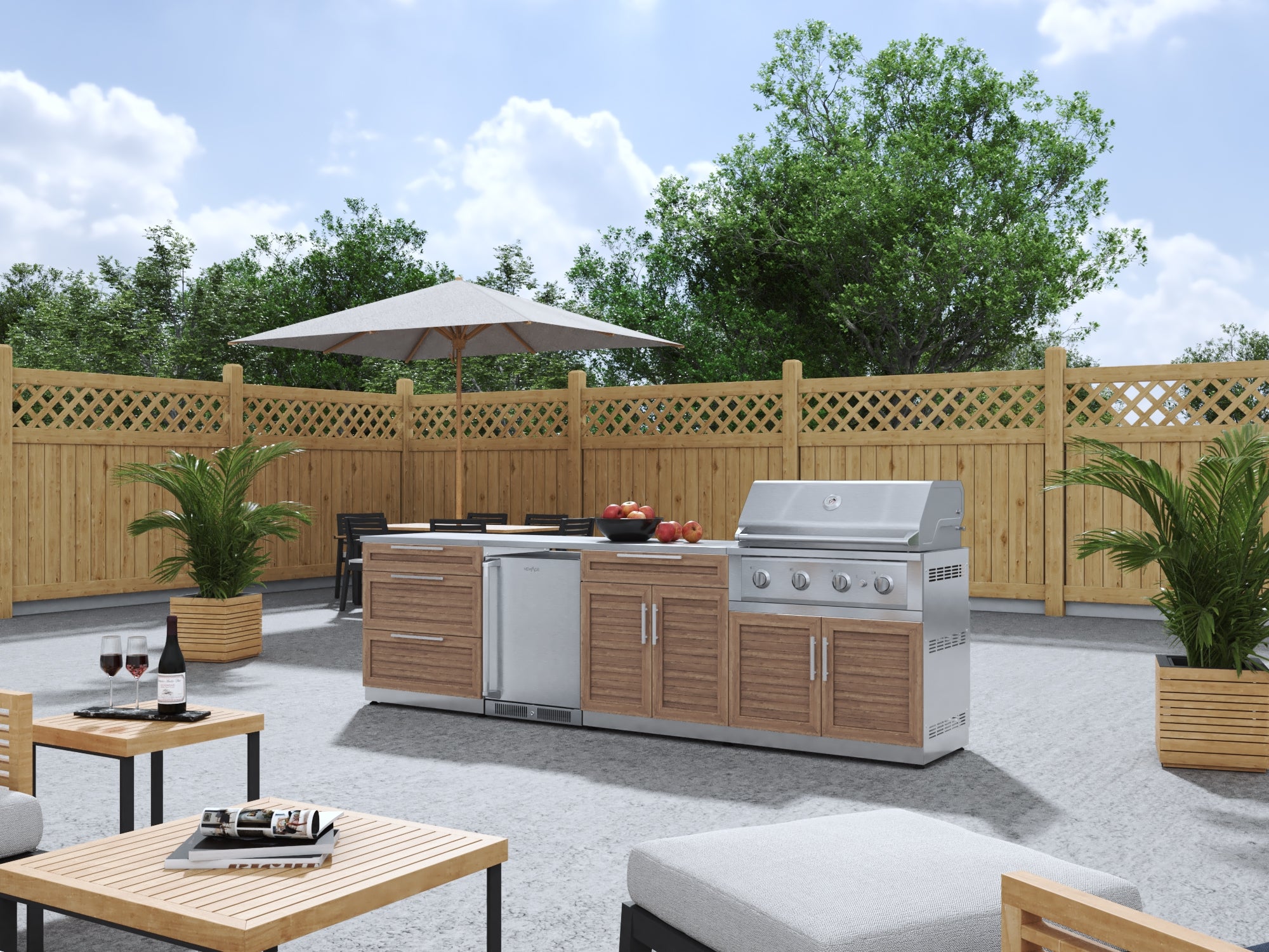 Outdoor Kitchen Stainless Steel Louvered Doors 7 Piece Cabinet Set with 3-Drawer, Bar, Grill Cabinet, Performance Grill, Countertop, and Stainless Steel Door Fridge