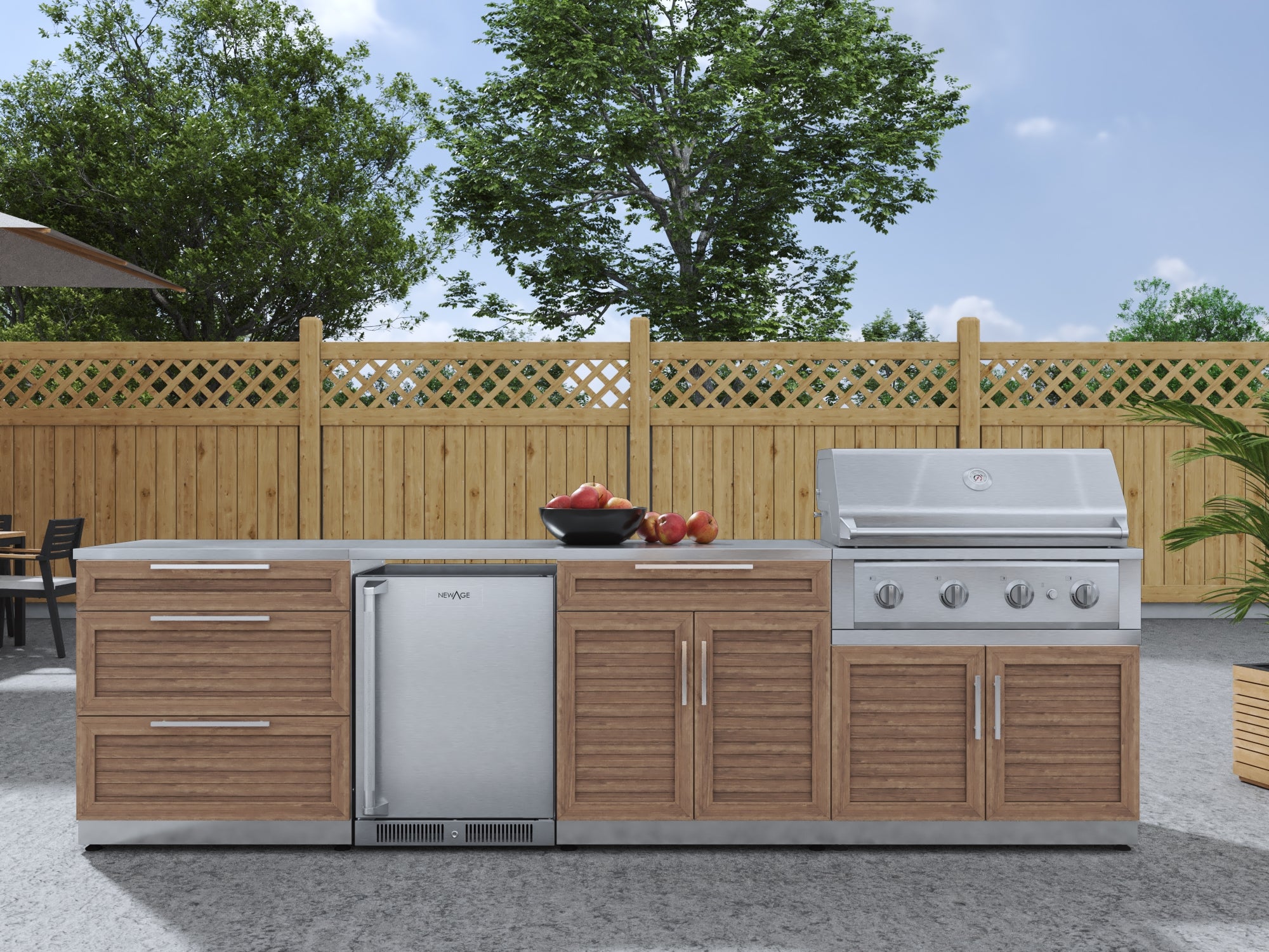 Outdoor Kitchen Stainless Steel Louvered Doors 7 Piece Cabinet Set with 3-Drawer, Bar, Grill Cabinet, Performance Grill, Countertop, and Stainless Steel Door Fridge