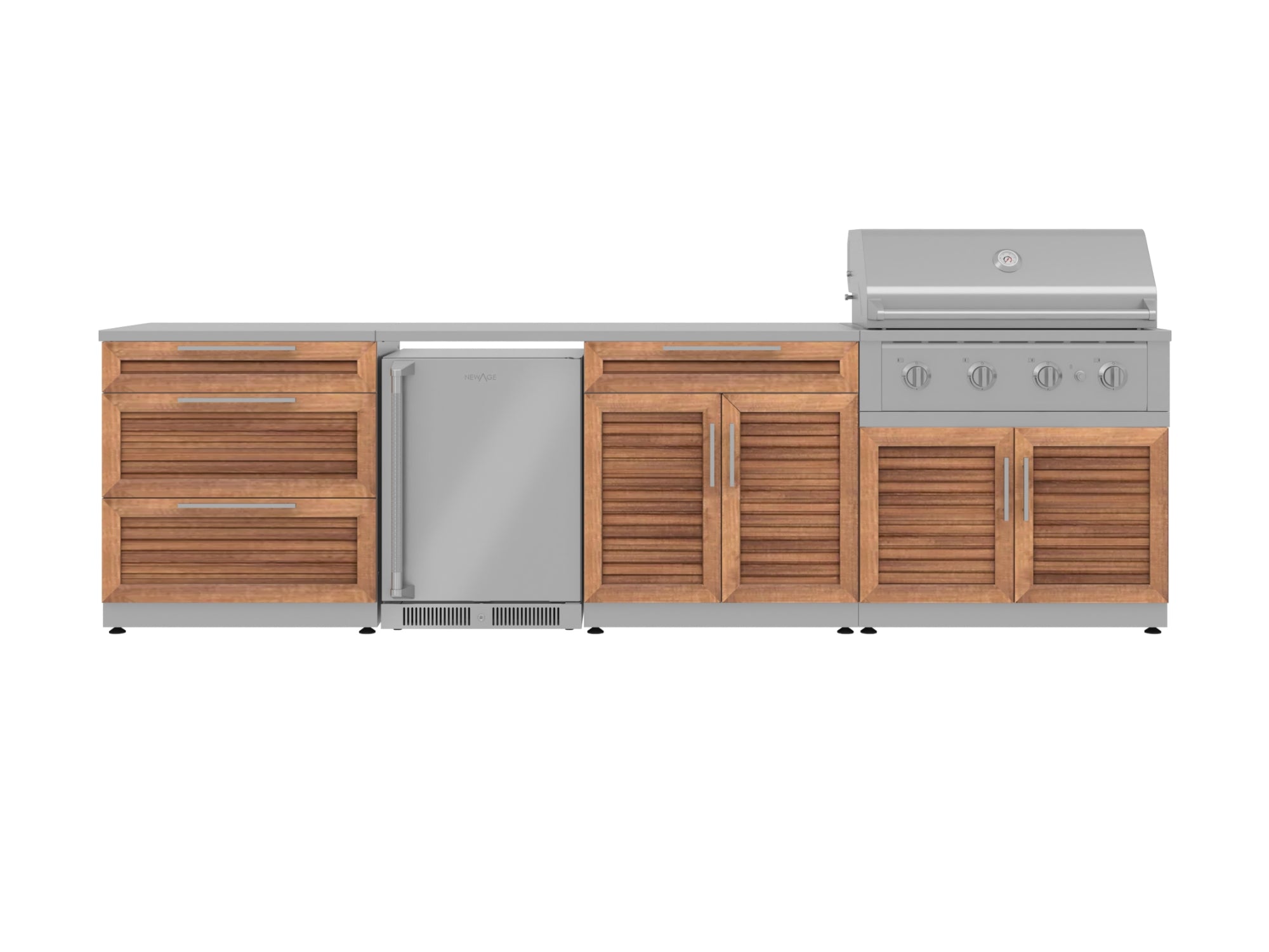 Outdoor Kitchen Stainless Steel Louvered Doors 7 Piece Cabinet Set with 3-Drawer, Bar, Grill Cabinet, Performance Grill, Countertop, and Stainless Steel Door Fridge