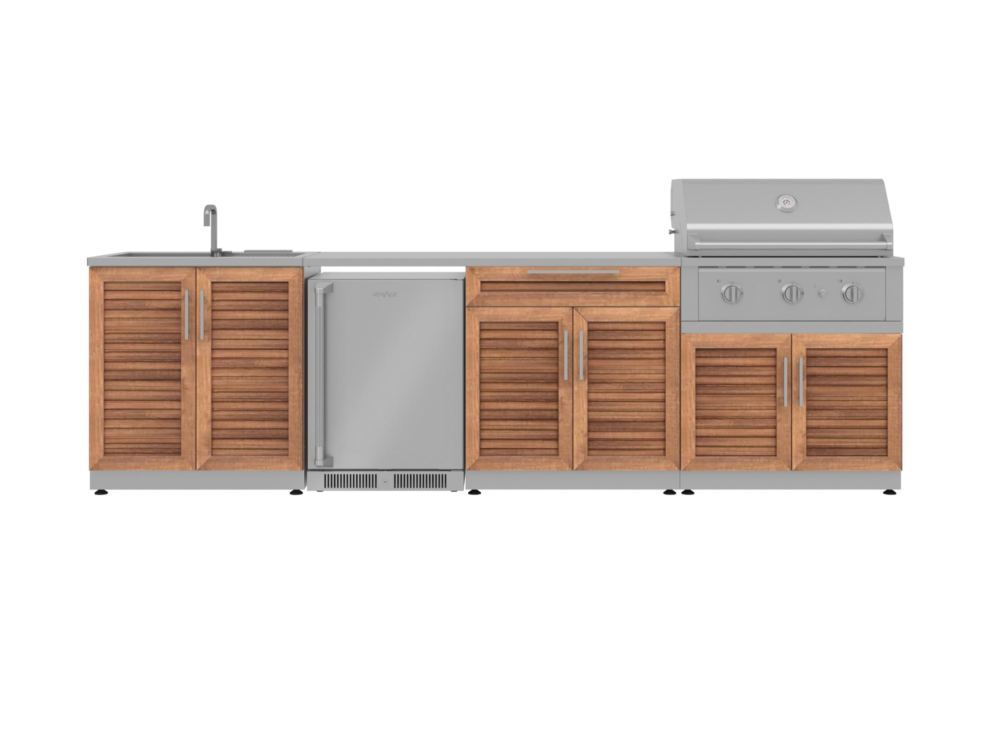 Outdoor Kitchen Stainless Steel Louvered Doors 6 Piece Cabinet Set with Sink, Bar, Grill Cabinet, Performance Grill, Countertop and Stainless Steel Door Fridge