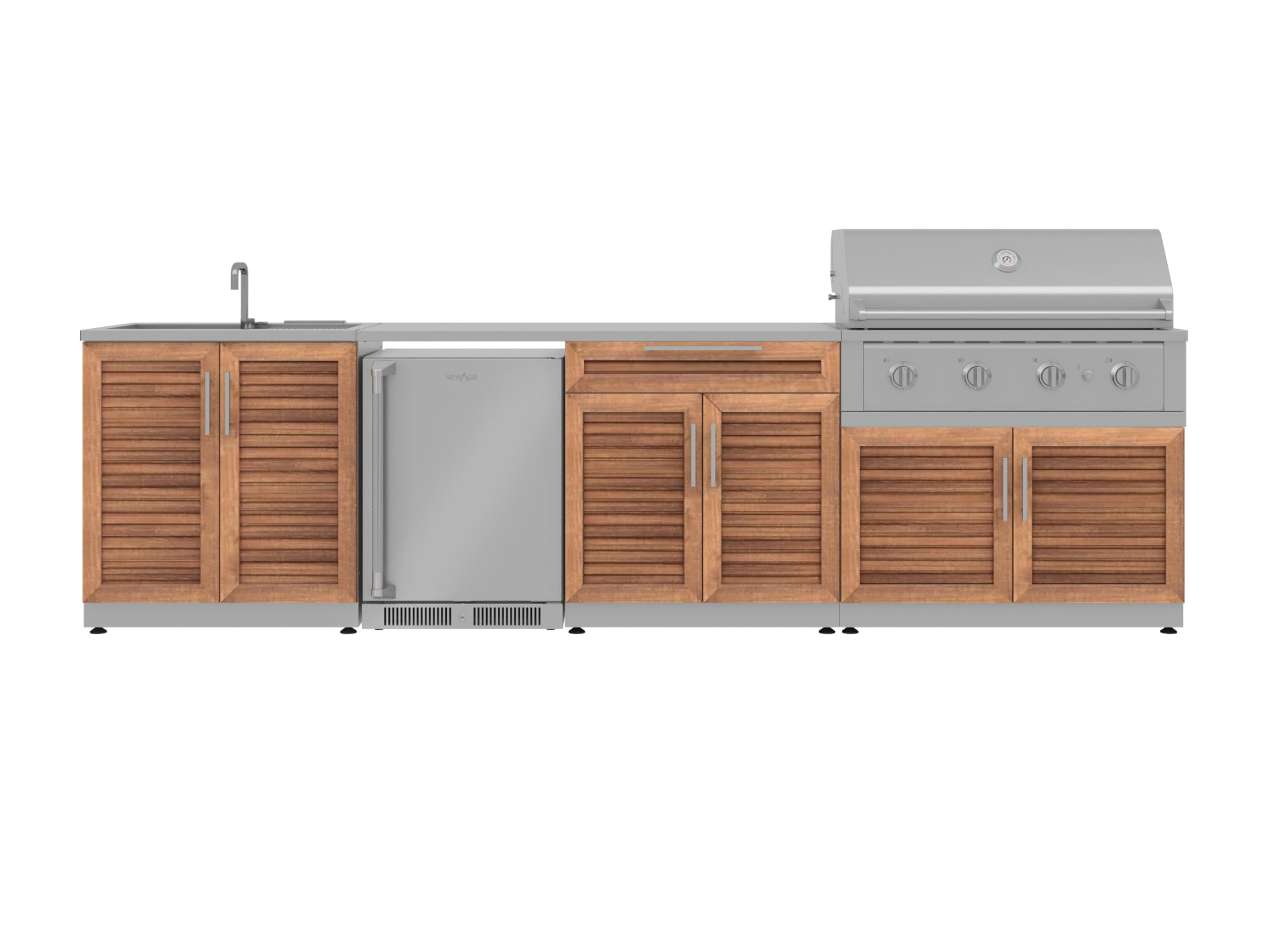 Outdoor Kitchen Stainless Steel Louvered Doors 6 Piece Cabinet Set with Sink, Bar, Grill Cabinet, Performance Grill, Countertop and Stainless Steel Door Fridge