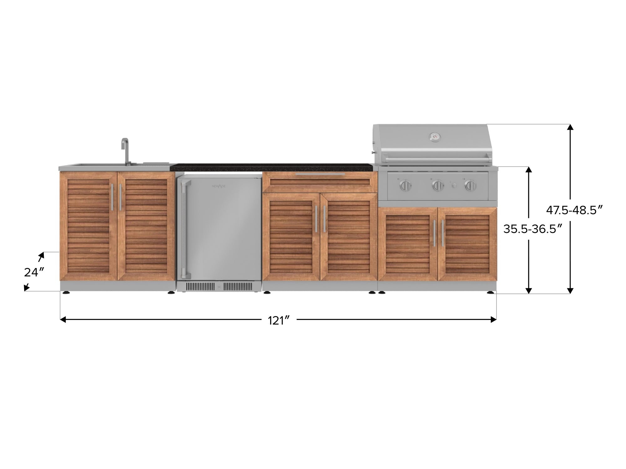 Outdoor Kitchen Stainless Steel Louvered Doors 6 Piece Cabinet Set with Sink, Bar, Grill Cabinet, Performance Grill, Countertop and Stainless Steel Door Fridge