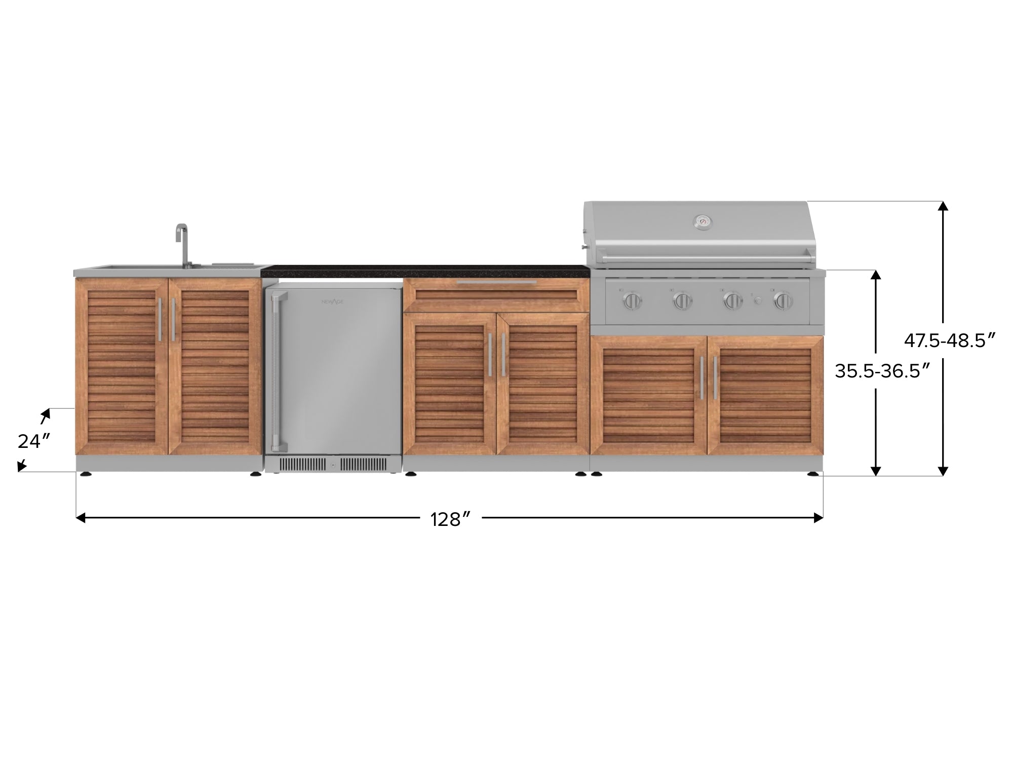 Outdoor Kitchen Stainless Steel Louvered Doors 6 Piece Cabinet Set with Sink, Bar, Grill Cabinet, Performance Grill, Countertop and Stainless Steel Door Fridge