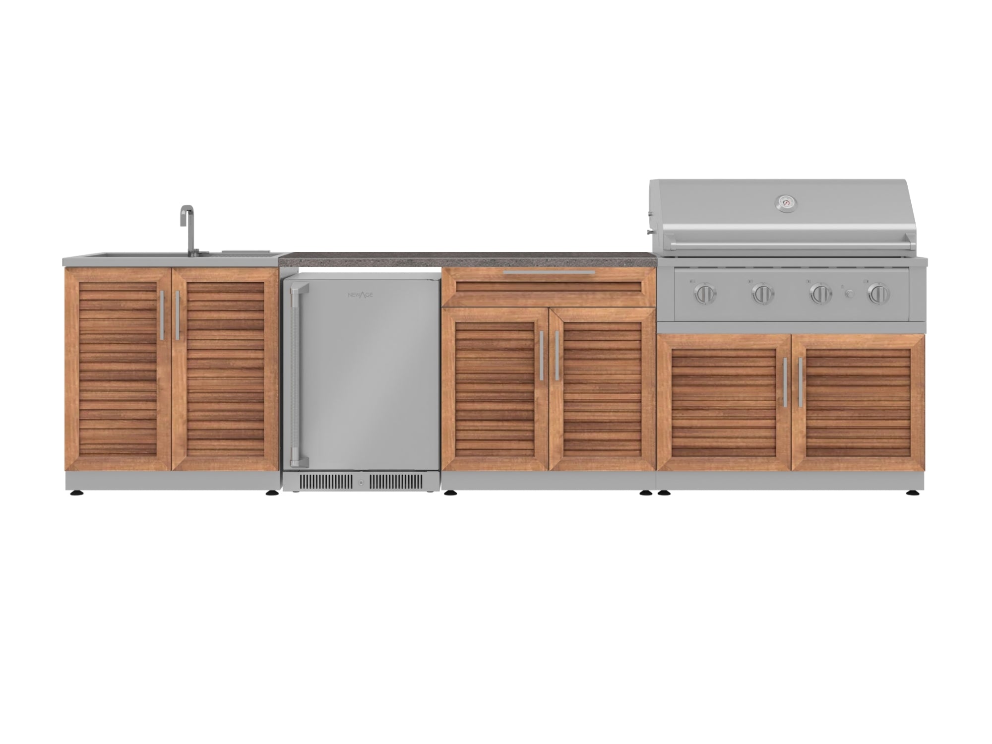 Outdoor Kitchen Stainless Steel Louvered Doors 6 Piece Cabinet Set with Sink, Bar, Grill Cabinet, Performance Grill, Countertop and Stainless Steel Door Fridge