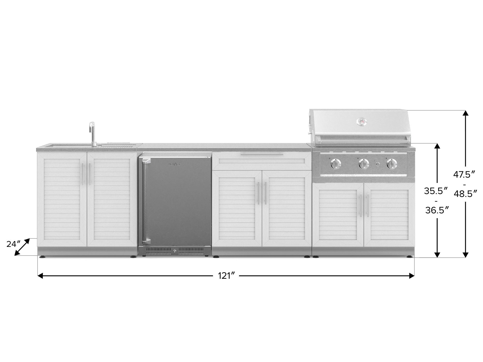 Outdoor Kitchen Stainless Steel Louvered Doors 6 Piece Cabinet Set with Sink, Bar, Grill Cabinet, Performance Grill, Countertop and Stainless Steel Door Fridge