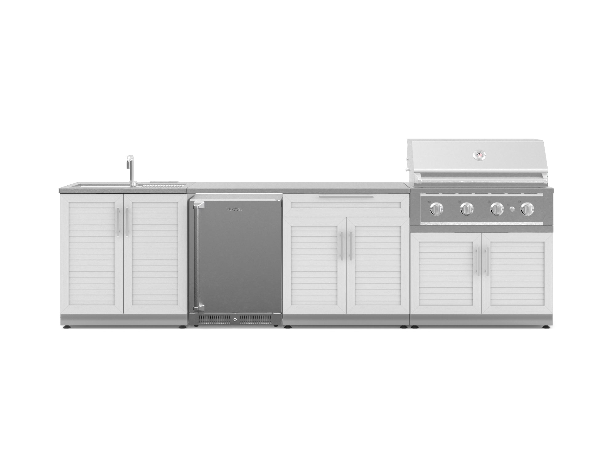 Outdoor Kitchen Stainless Steel Louvered Doors 6 Piece Cabinet Set with Sink, Bar, Grill Cabinet, Performance Grill, Countertop and Stainless Steel Door Fridge
