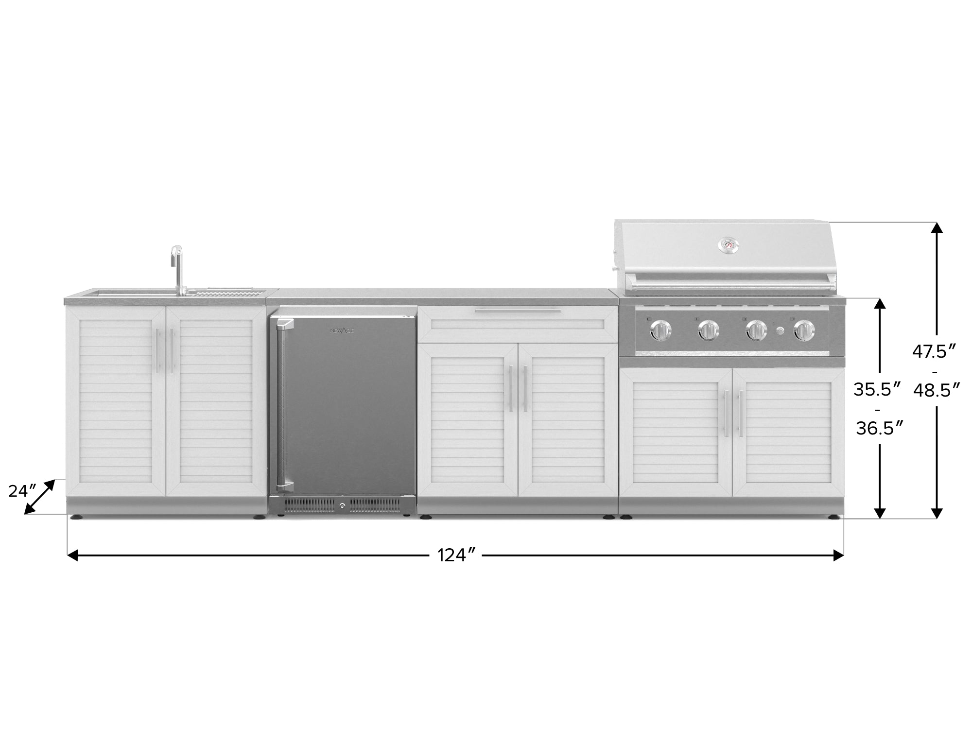 Outdoor Kitchen Stainless Steel Louvered Doors 6 Piece Cabinet Set with Sink, Bar, Grill Cabinet, Performance Grill, Countertop and Stainless Steel Door Fridge