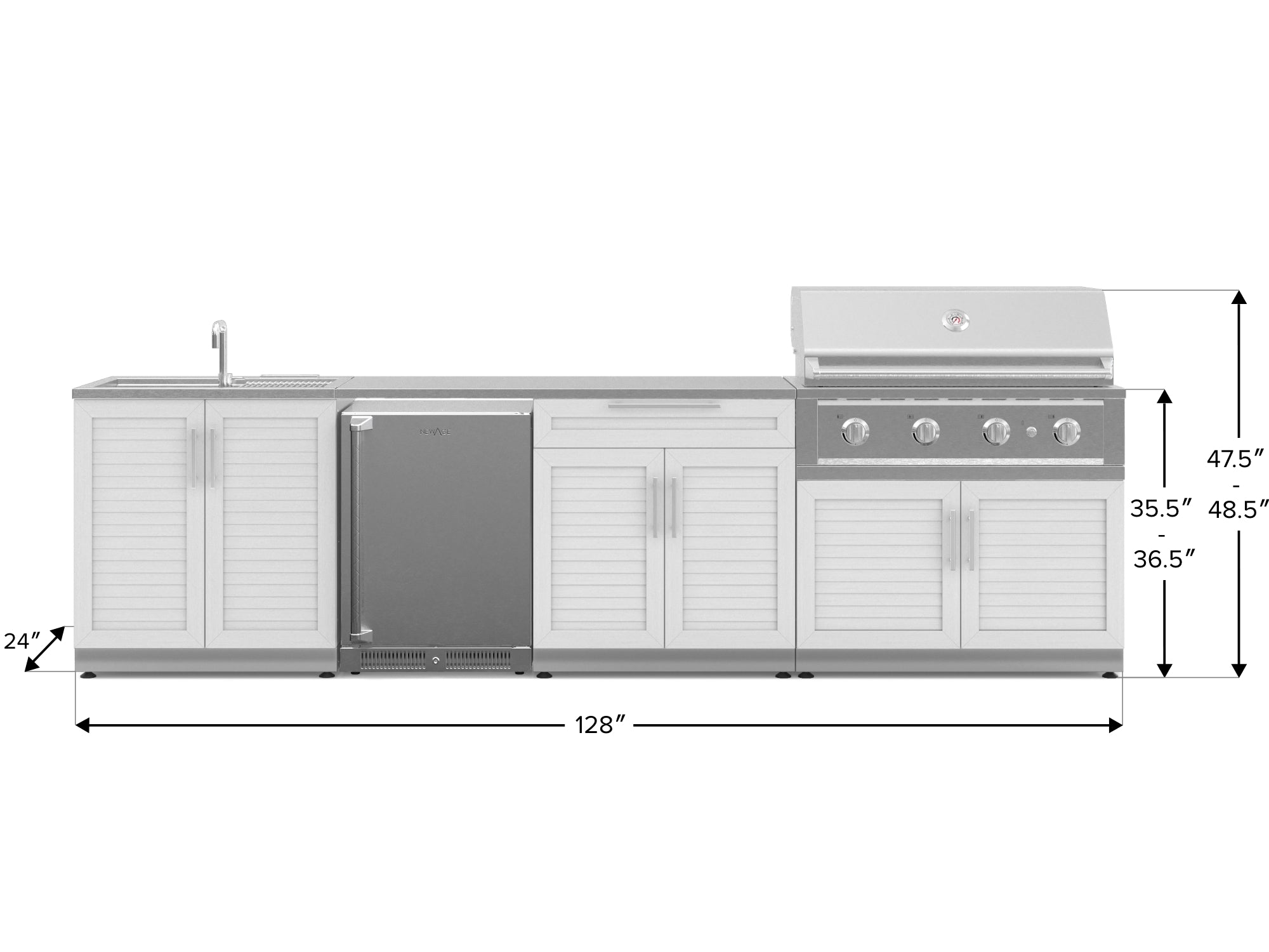 Outdoor Kitchen Stainless Steel Louvered Doors 6 Piece Cabinet Set with Sink, Bar, Grill Cabinet, Performance Grill, Countertop and Stainless Steel Door Fridge