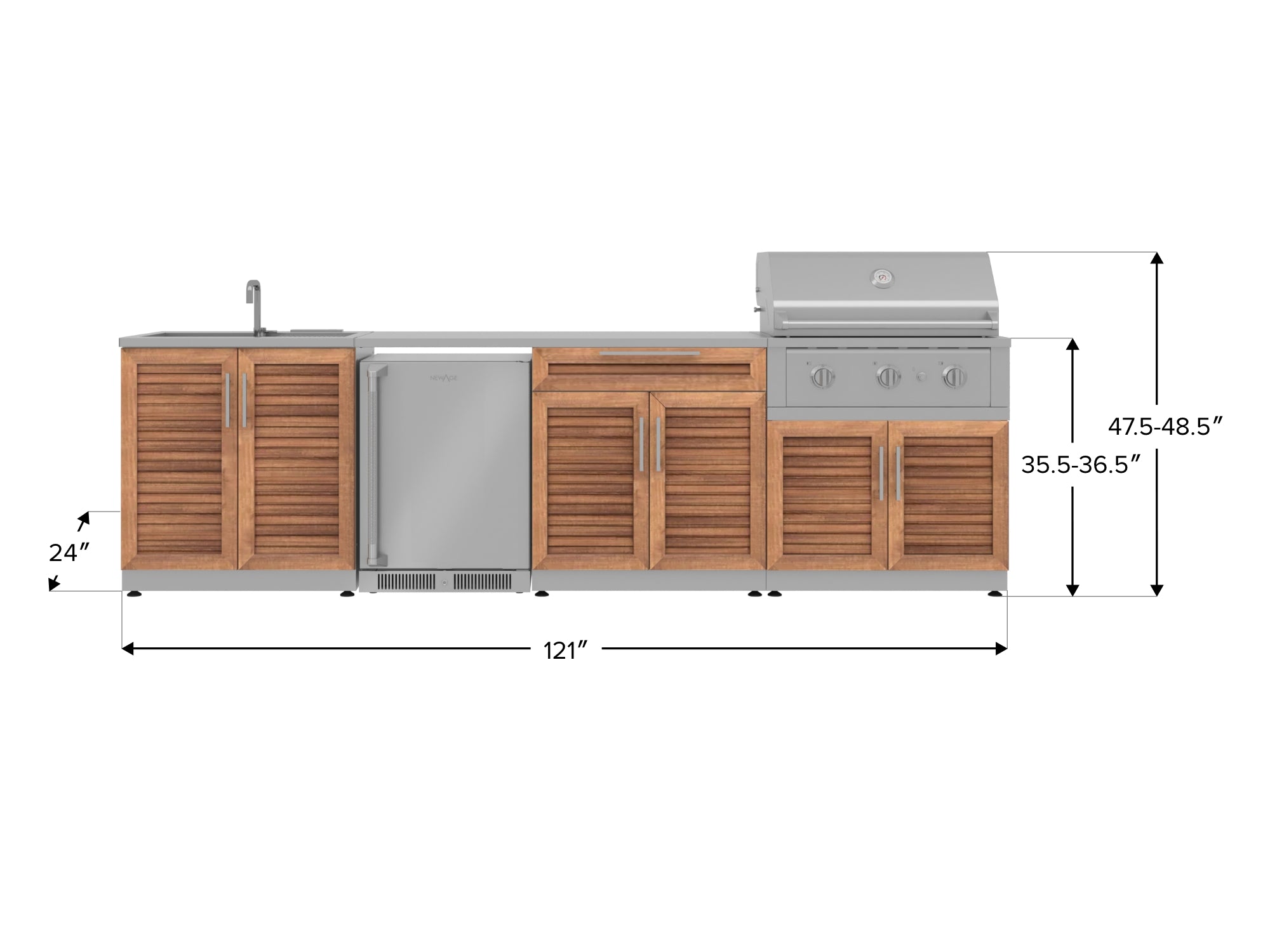 Outdoor Kitchen Stainless Steel Louvered Doors 6 Piece Cabinet Set with Sink, Bar, Grill Cabinet, Performance Grill, Countertop and Stainless Steel Door Fridge