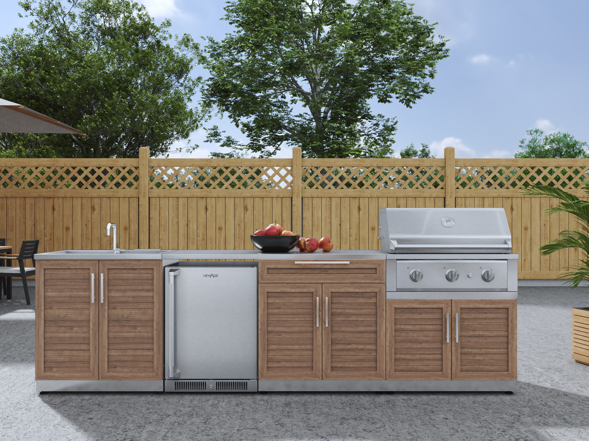 Outdoor Kitchen Stainless Steel Louvered Doors 6 Piece Cabinet Set with Sink, Bar, Grill Cabinet, Performance Grill, Countertop and Stainless Steel Door Fridge