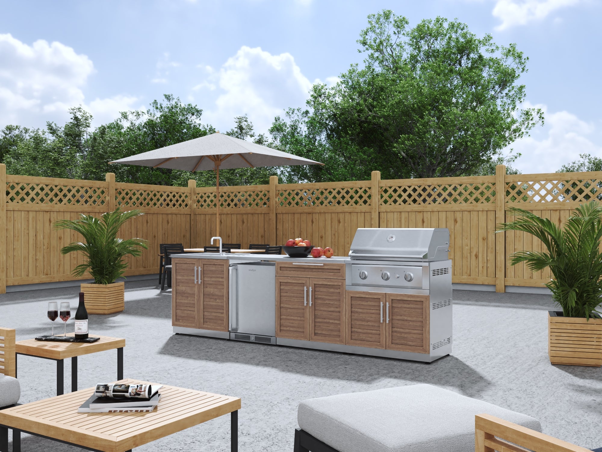 Outdoor Kitchen Stainless Steel Louvered Doors 6 Piece Cabinet Set with Sink, Bar, Grill Cabinet, Performance Grill, Countertop and Stainless Steel Door Fridge