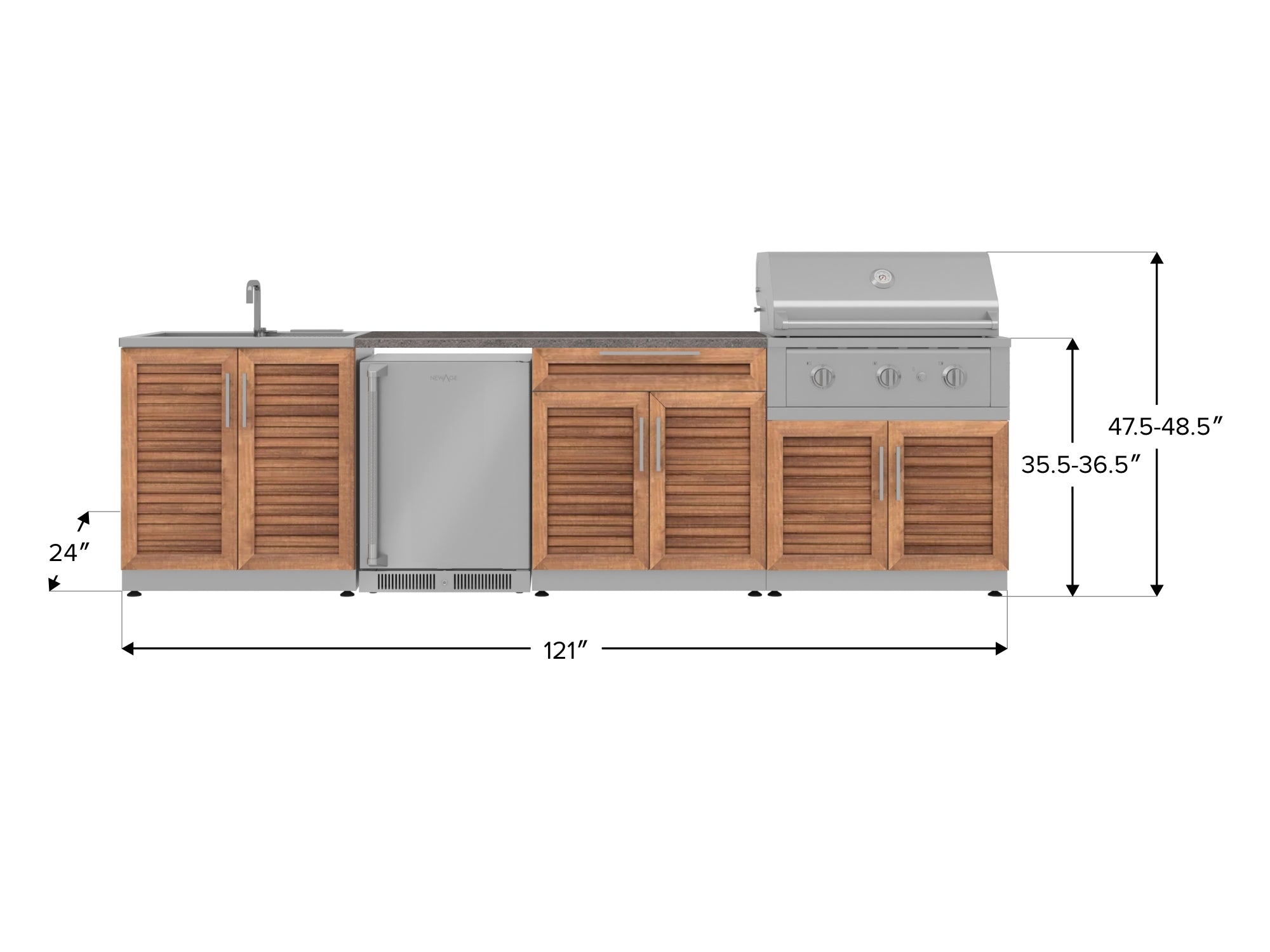 Outdoor Kitchen Stainless Steel Louvered Doors 6 Piece Cabinet Set with Sink, Bar, Grill Cabinet, Performance Grill, Countertop and Stainless Steel Door Fridge