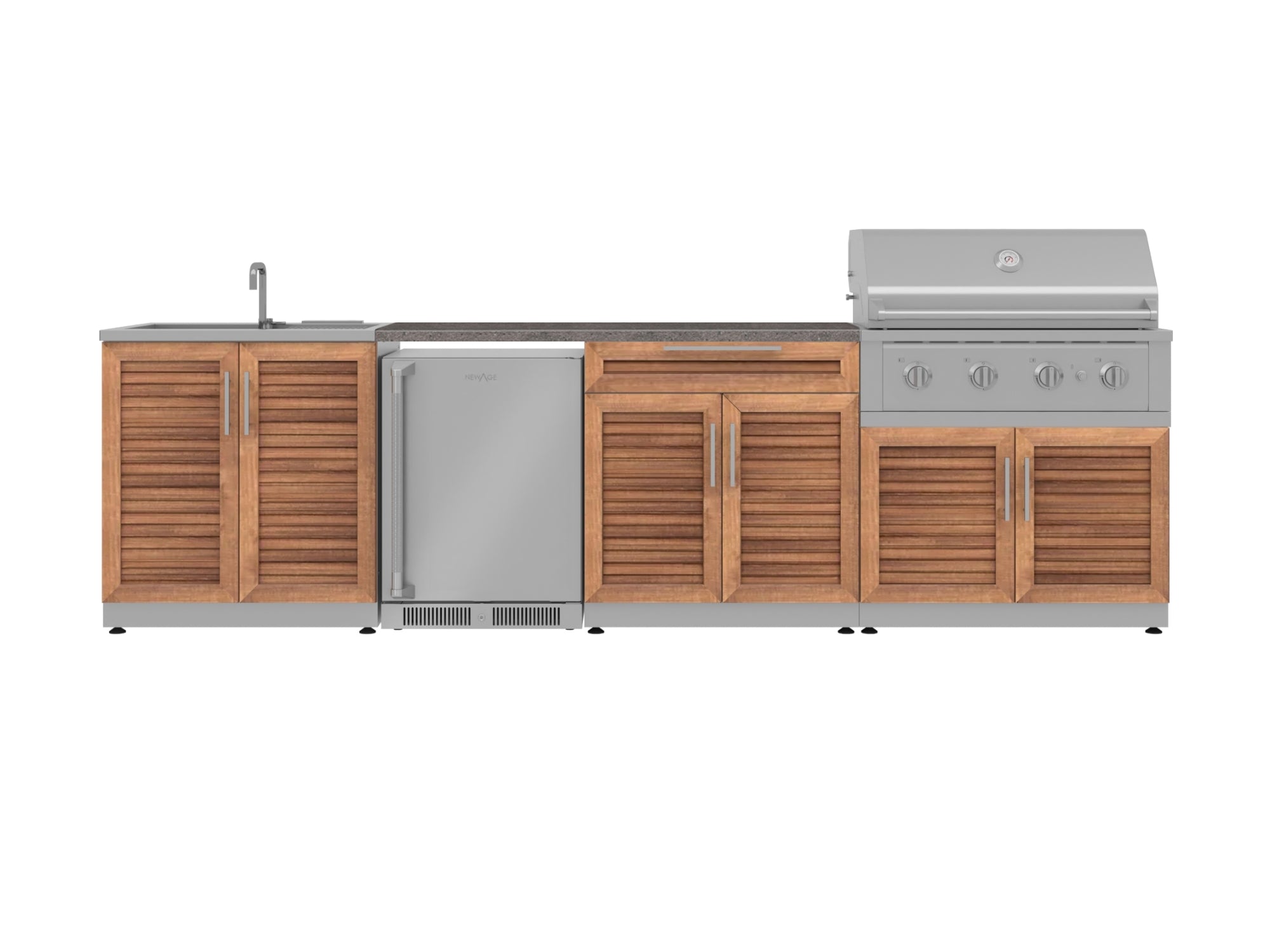 Outdoor Kitchen Stainless Steel Louvered Doors 6 Piece Cabinet Set with Sink, Bar, Grill Cabinet, Performance Grill, Countertop and Stainless Steel Door Fridge