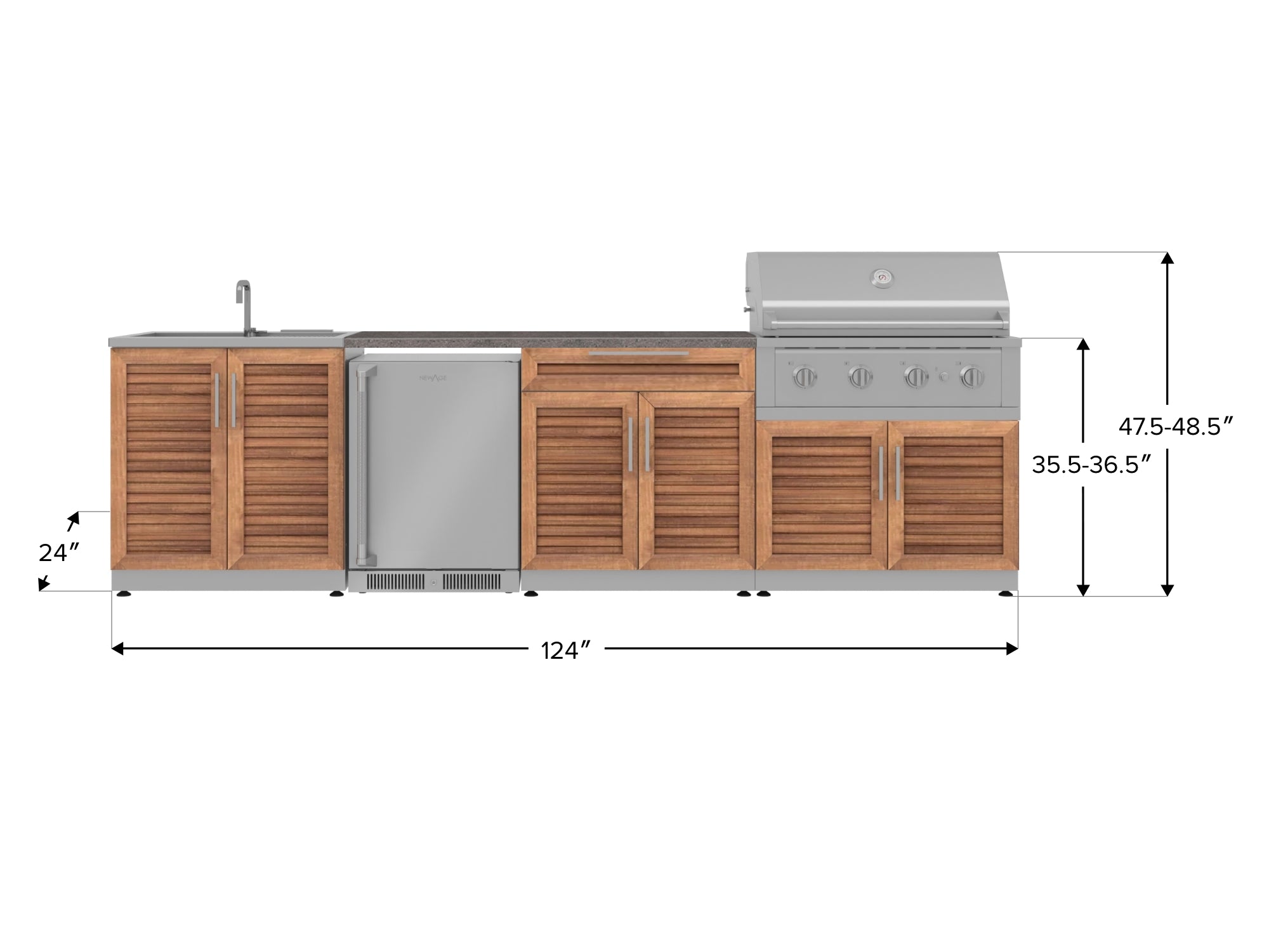 Outdoor Kitchen Stainless Steel Louvered Doors 6 Piece Cabinet Set with Sink, Bar, Grill Cabinet, Performance Grill, Countertop and Stainless Steel Door Fridge