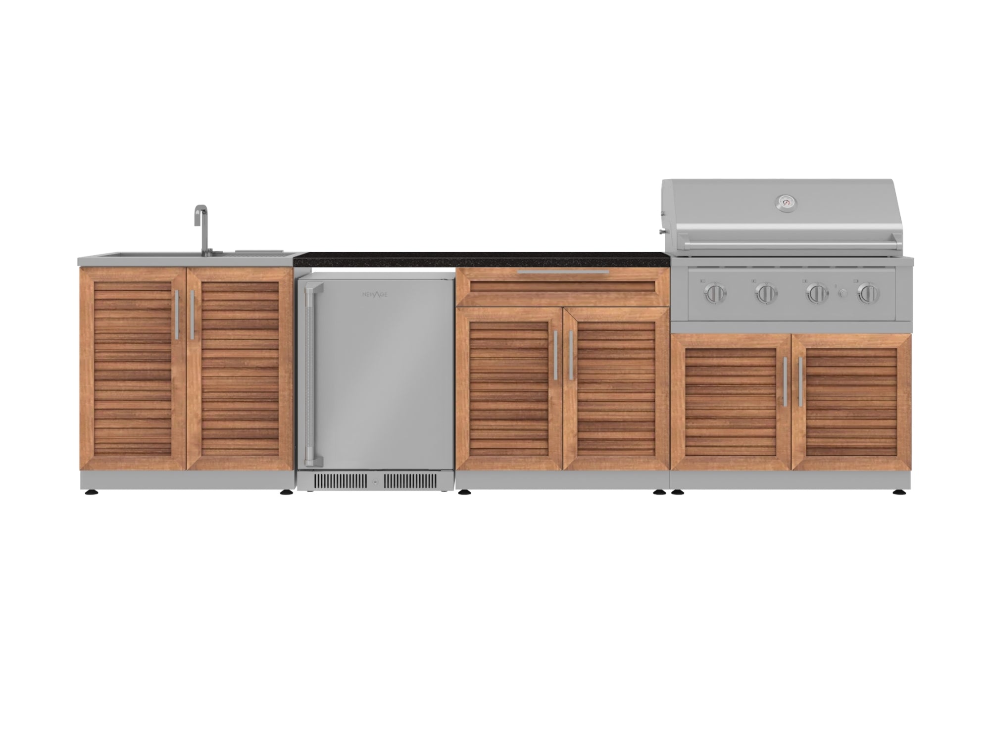 Outdoor Kitchen Stainless Steel Louvered Doors 6 Piece Cabinet Set with Sink, Bar, Grill Cabinet, Performance Grill, Countertop and Stainless Steel Door Fridge