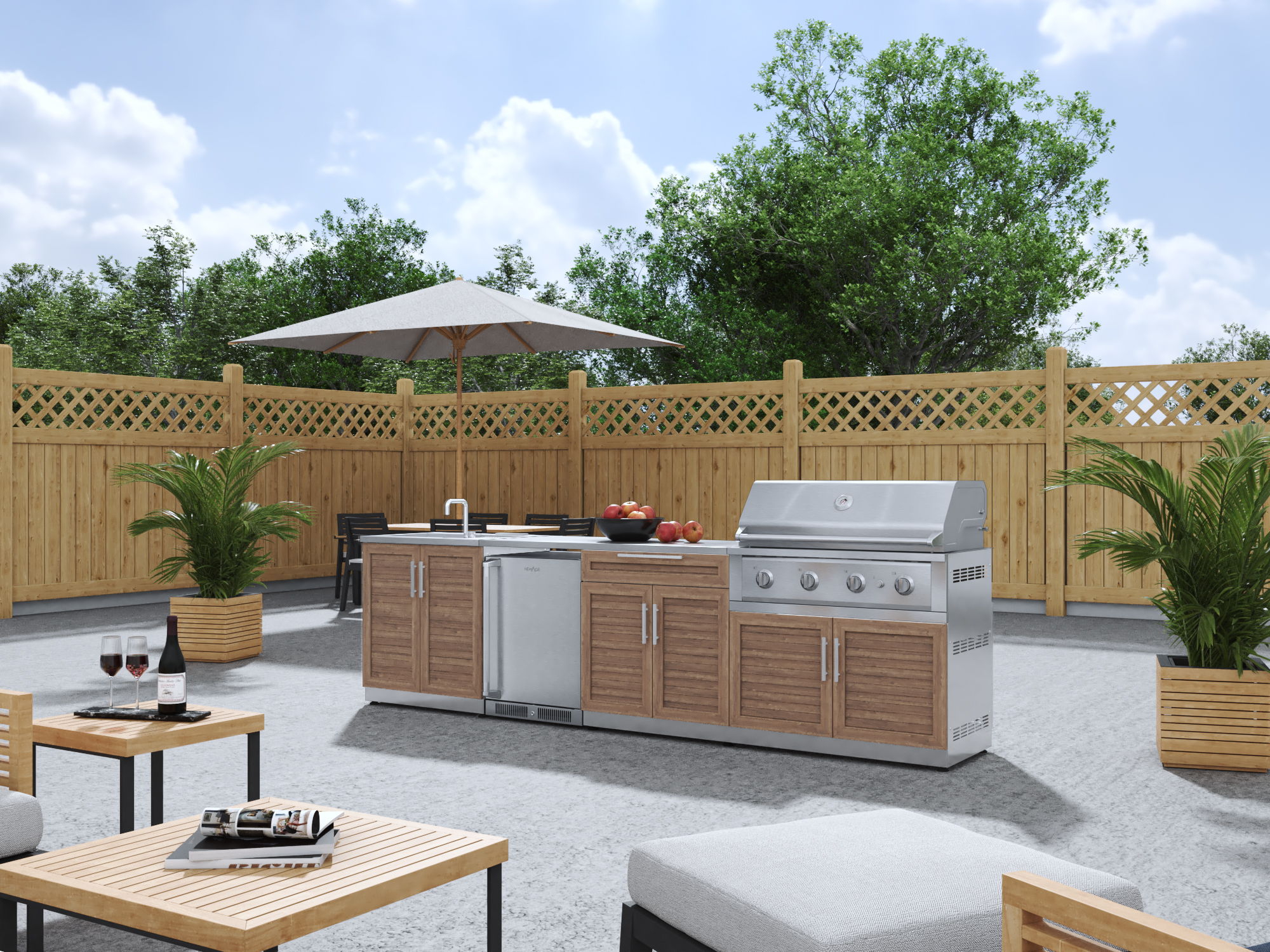Outdoor Kitchen Stainless Steel Louvered Doors 6 Piece Cabinet Set with Sink, Bar, Grill Cabinet, Performance Grill, Countertop and Stainless Steel Door Fridge