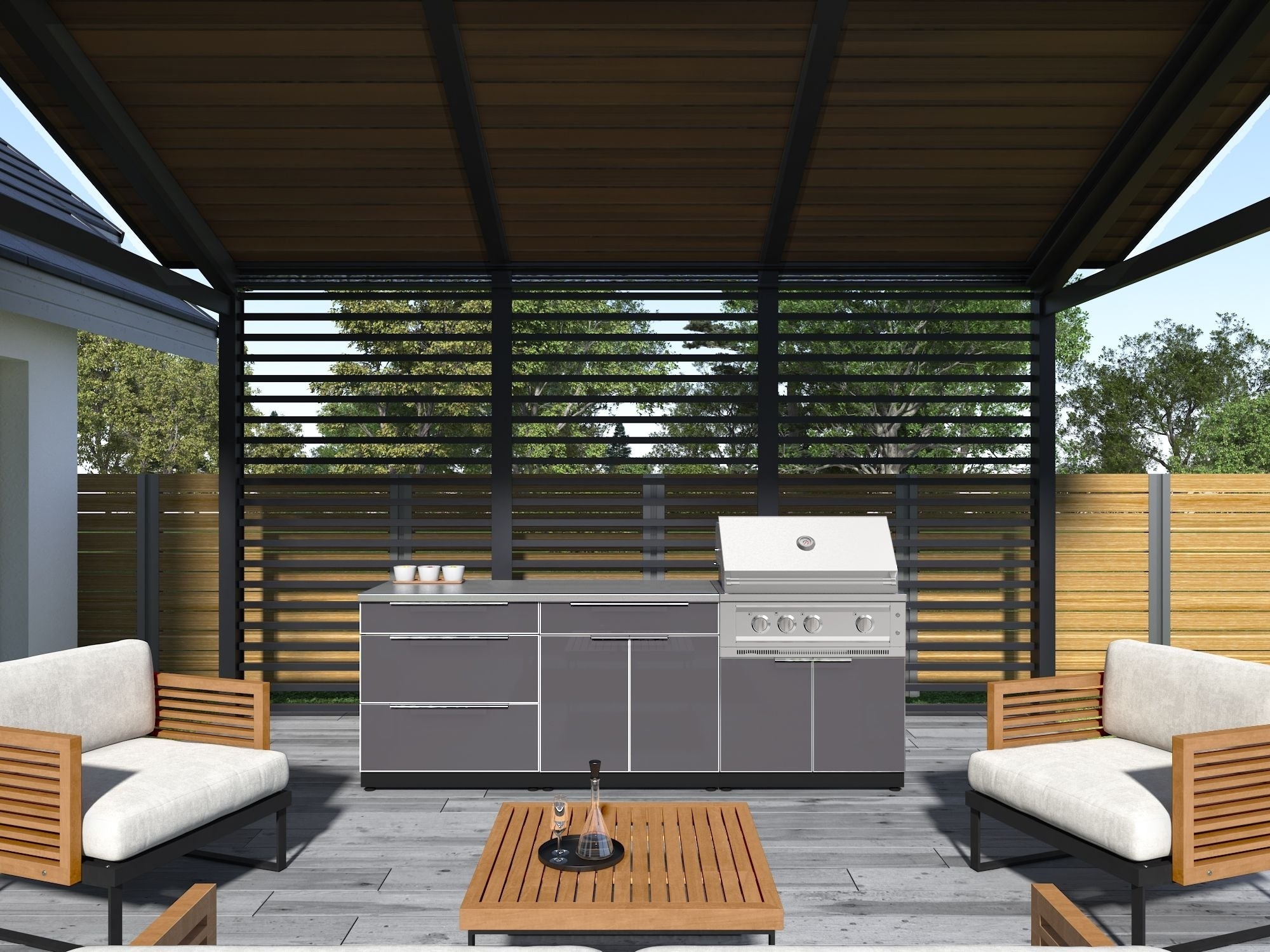 Outdoor Kitchen Aluminum 4 Piece Cabinet Set with Bar, Grill Cabinet, Platinum Grill, and Countertop