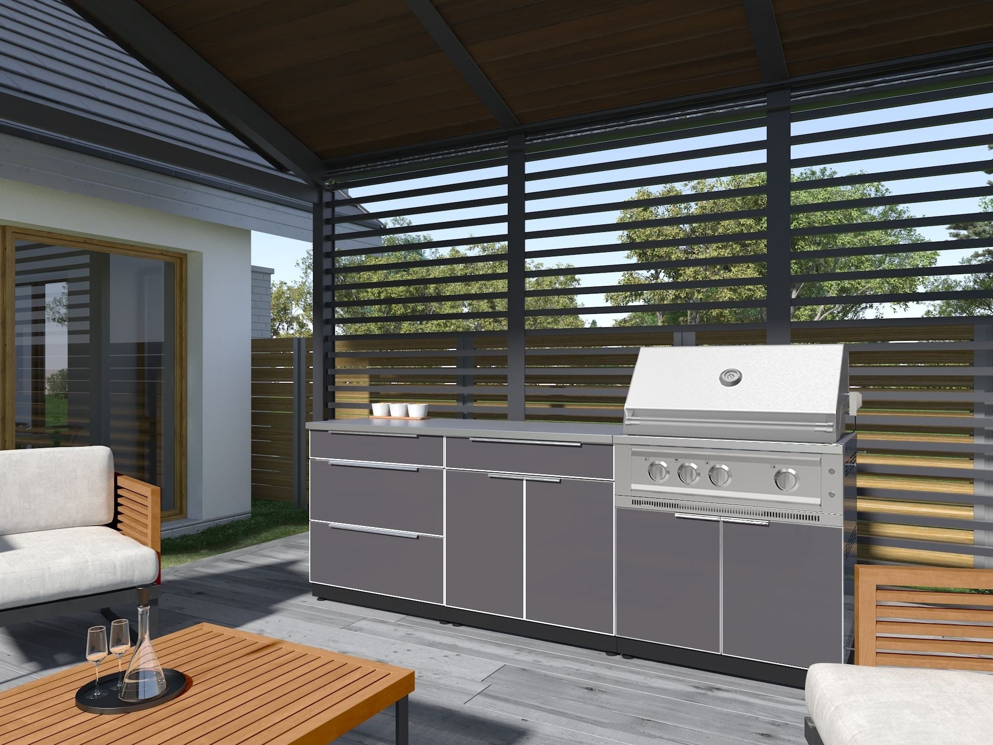 Outdoor Kitchen Aluminum 4 Piece Cabinet Set with Bar, Grill Cabinet, Platinum Grill, and Countertop