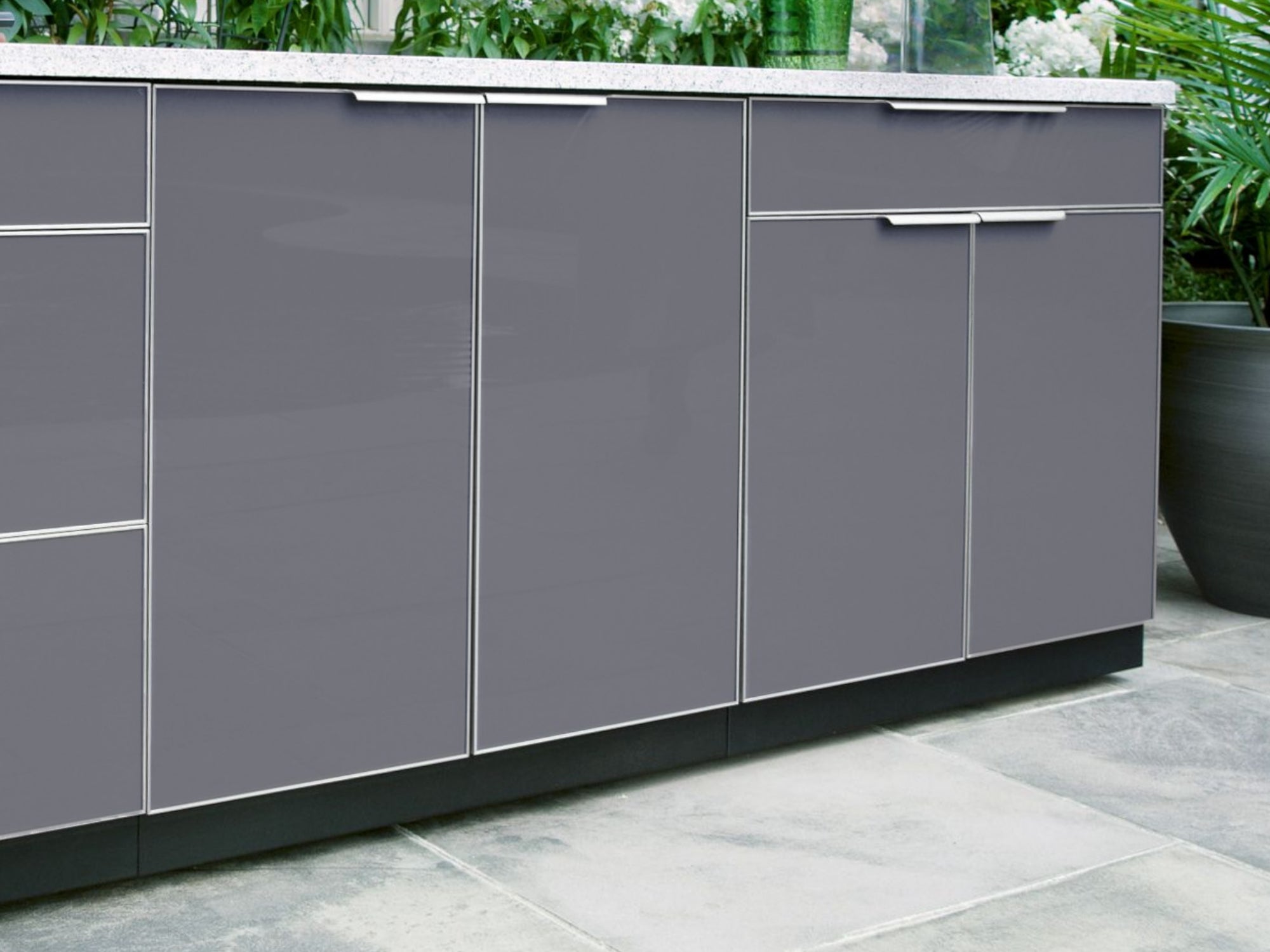 Outdoor Kitchen Aluminum 4 Piece Cabinet Set with Bar, Grill Cabinet, Platinum Grill, and Countertop