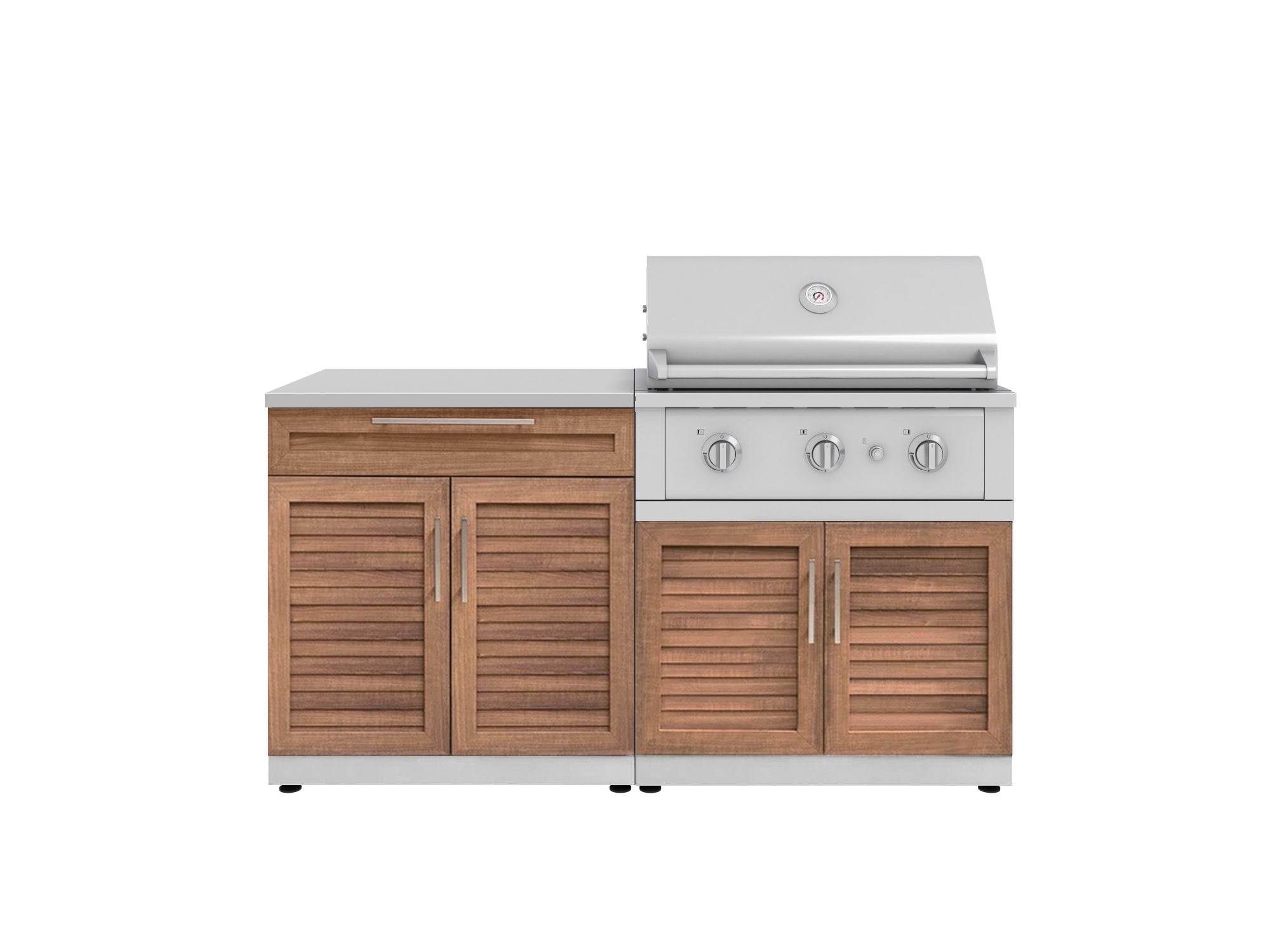 Outdoor Kitchen Stainless-Steel Louvered Doors 4 Piece Cabinet Set with Bar, Grill Cabinet, Performance Grill, and Countertop