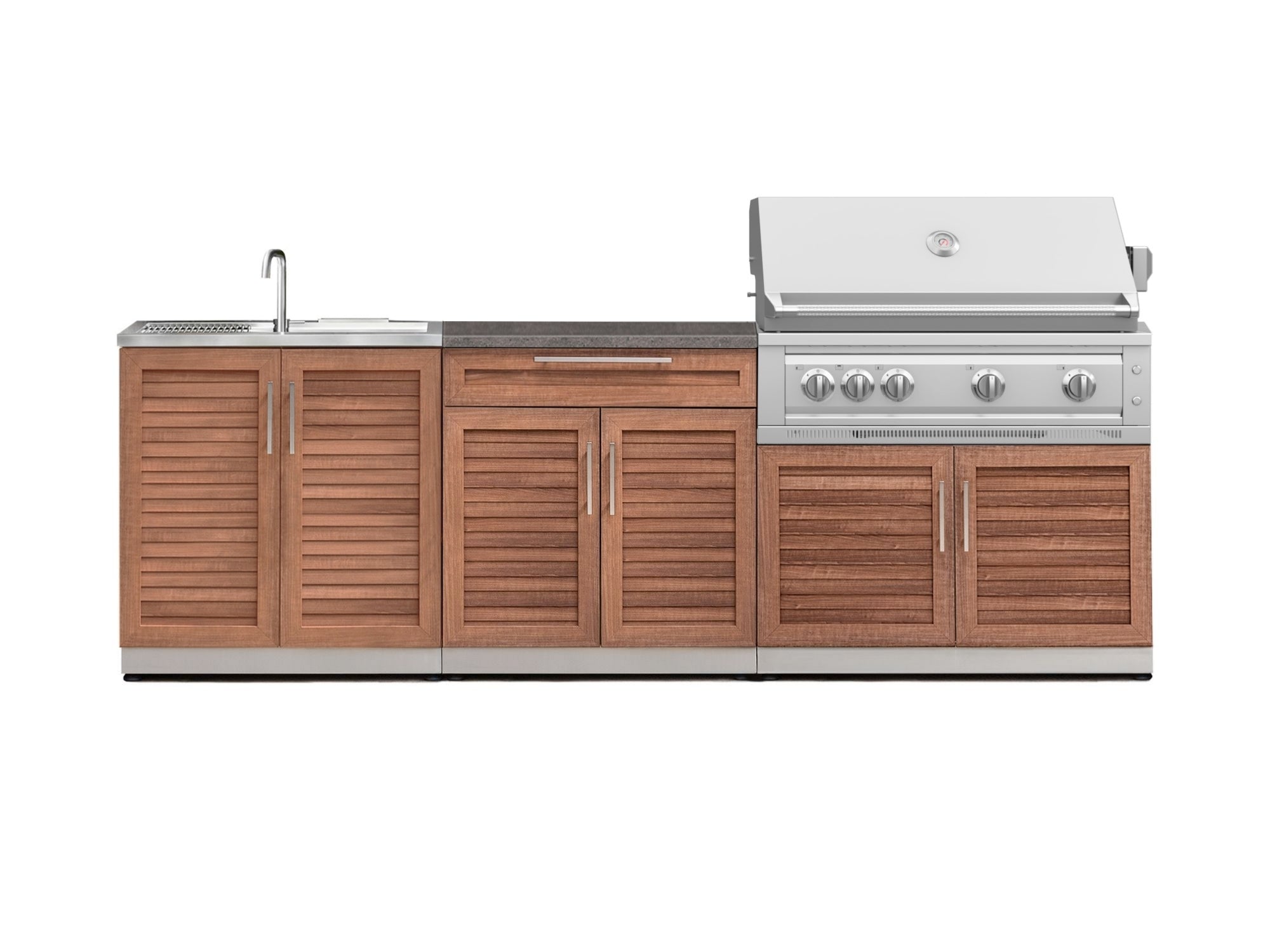 Outdoor Kitchen Stainless-Steel Louvered Doors 5 Piece Cabinet Set with Sink, 2-Door with Drawer, Grill Cabinet, Platinum Grill and Countertop