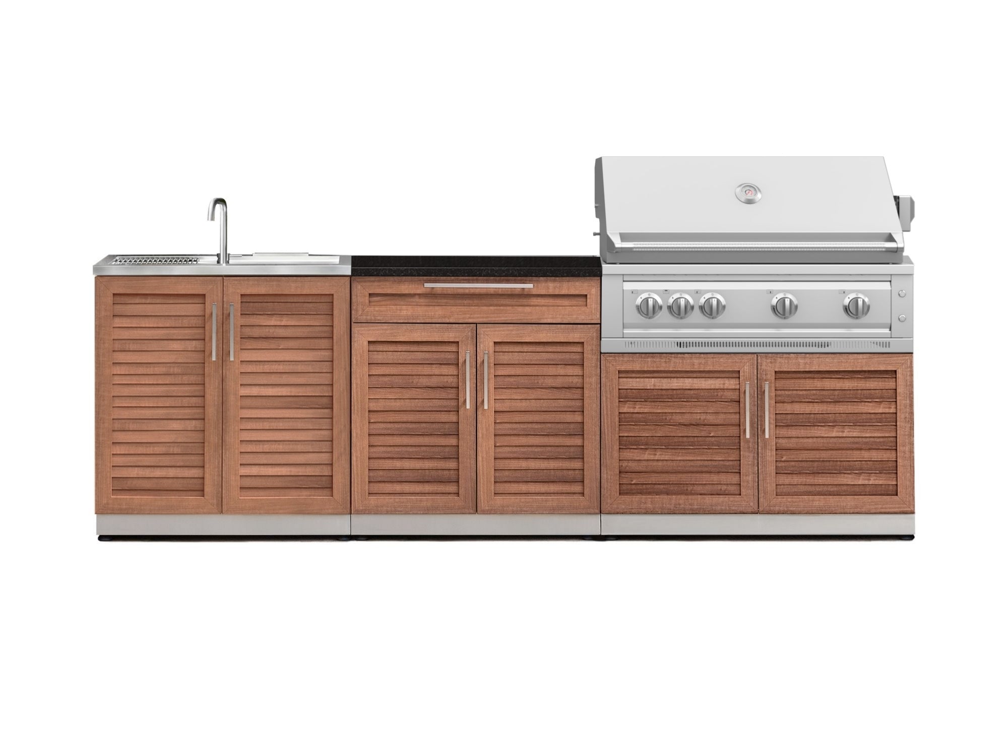 Outdoor Kitchen Stainless-Steel Louvered Doors 5 Piece Cabinet Set with Sink, 2-Door with Drawer, Grill Cabinet, Platinum Grill and Countertop