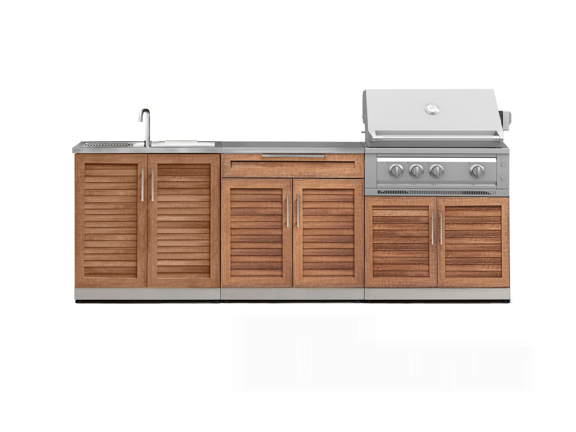 Outdoor Kitchen Stainless-Steel Louvered Doors 5 Piece Cabinet Set with Sink, 2-Door with Drawer, Grill Cabinet, Platinum Grill and Countertop